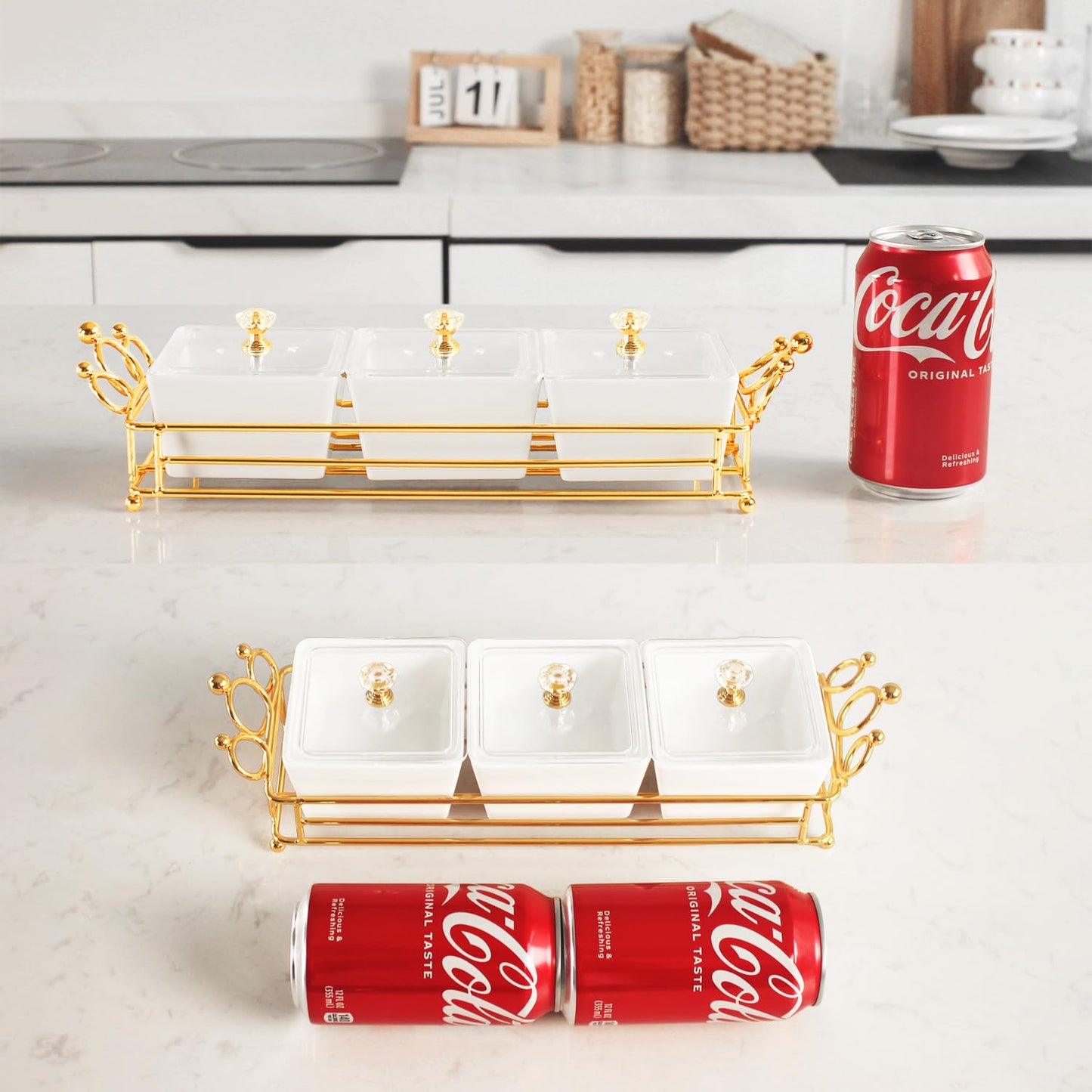 YA JU Ceramic Bowls and with Lid Gold Basket Trays, 4 Removable Small Bowls Condiment Trays Nut Serving Set for Snacks, Fruits, Candy and Condiments - Great for Parties, Holiday Gifts,White BST202
