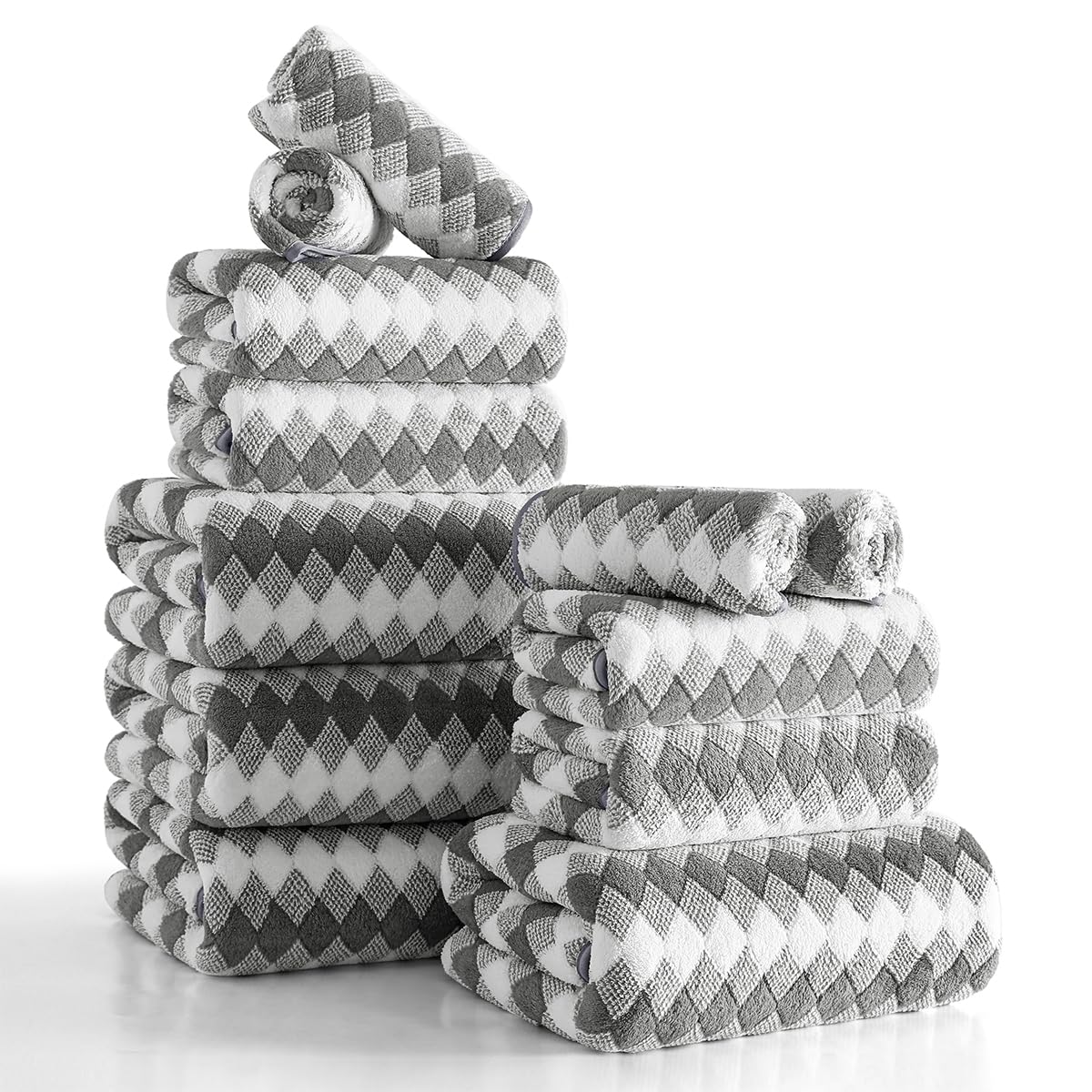 12 Pcs Light Gray Diamond Towel Set-4 Bath Towels,4 Hand Towels,4 Washcloths Soft Polyester Towels with Loop Absorbent Shower Towel Quick Dry Beach Chair Towel Family Towels for Bathroom Spa Gym Pool BST220
