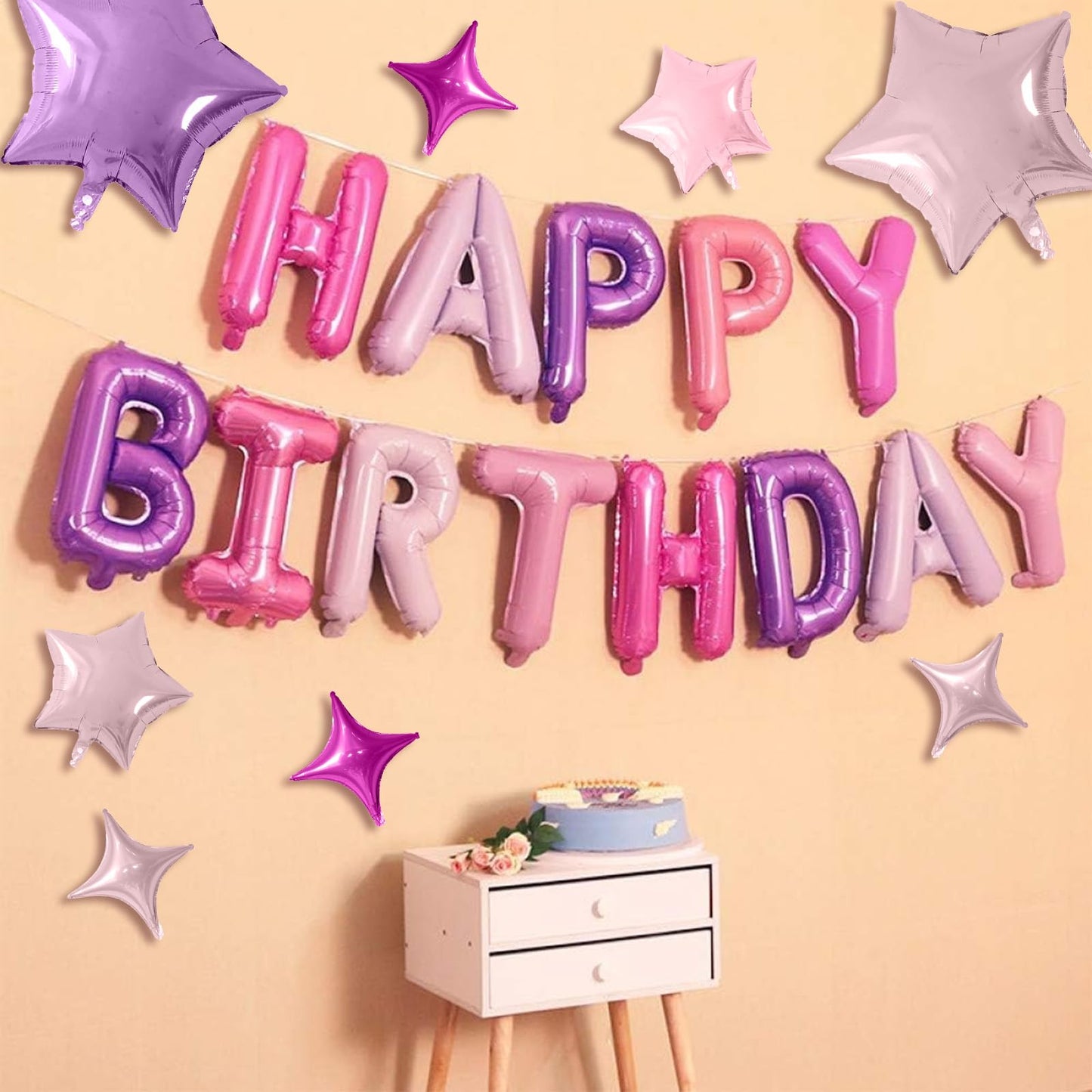 Happy Birthday Balloons Banner, Rainbow Happy Birthday Foil Balloons 16 Inch Foil Letter Balloon with 8 Pcs Gradient Blue Pink Star Balloon for Women Men Boys Girls Birthday Party Decoration WN420