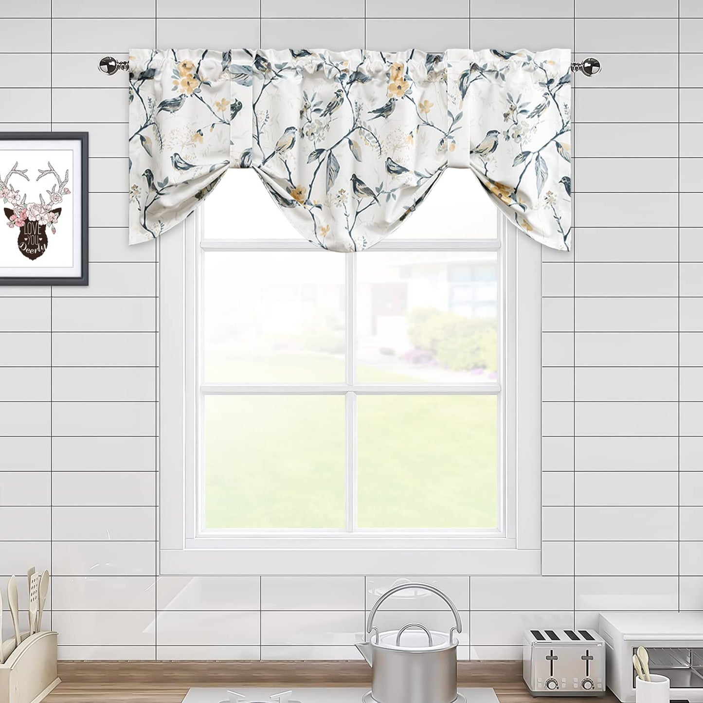 Leeva Tie Up Valance for Windows, Elegant Birds Pattern Light Filtering Window Treatment Valances for Bedroom Kitchen, One Panel, 52 x 18, Light Blue BST220