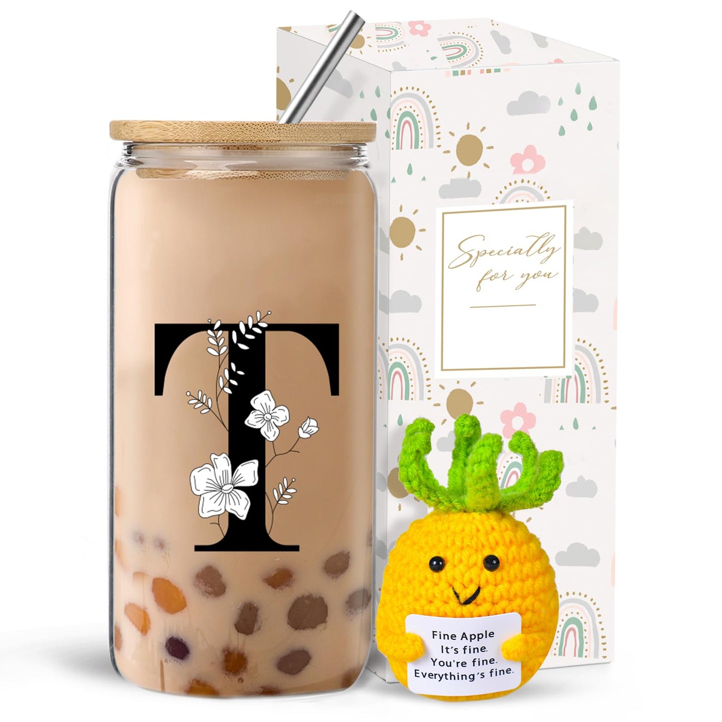 Monogrammed Initial Glass Cup with Lids and Straws gift for Women | Personalized Gift Set with Doll, 16 Oz Ice Coffee Cup ,reusable glass tumbler,Birthday Christmas Gift for Her,U WN420
