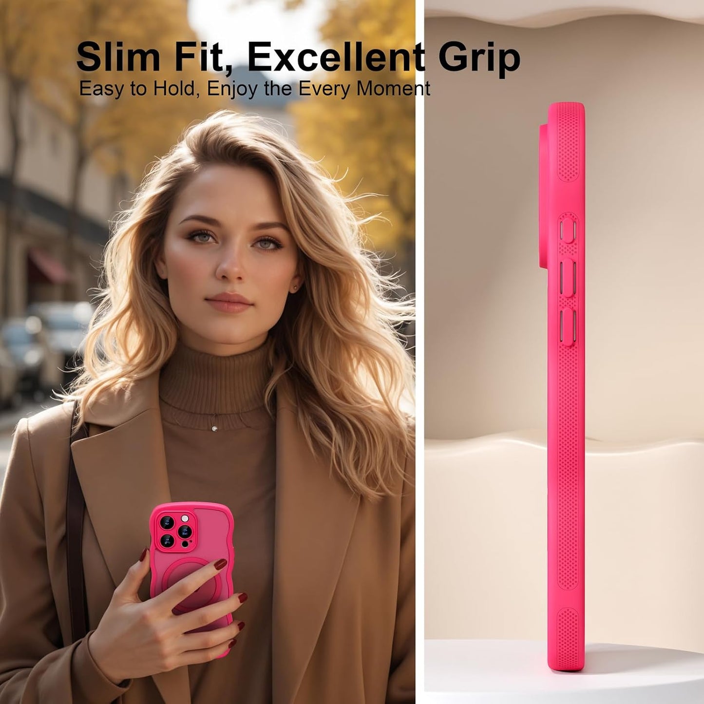 QVLANG Case for iPhone 16 Pro Max, Cute Wave Cover Case, Upgraded[Full Camera Protection][Compatible with Magsafe][Military Grade Protection][Translucent Matte] Phone Case for Women Girls, Hot Pink WN420