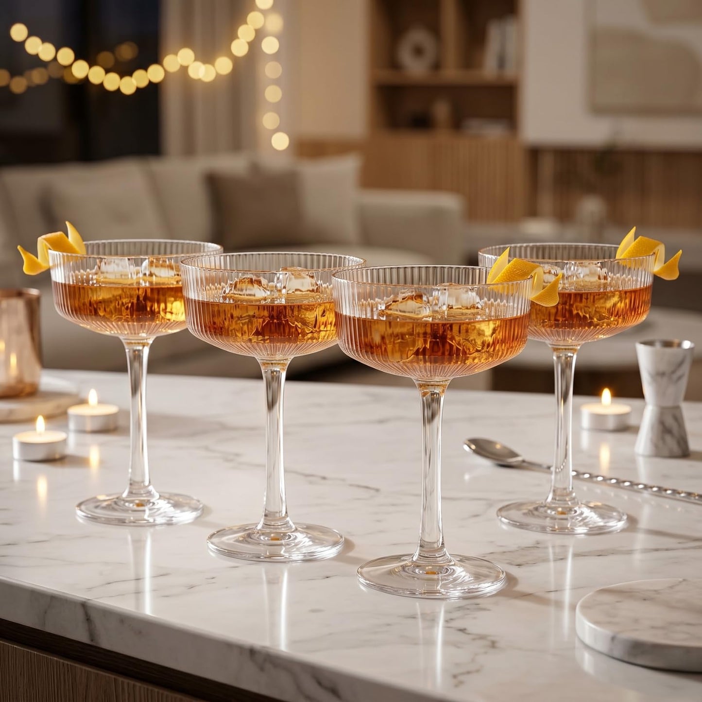 Khen Pink Peach Acrylic Ribbed Coupe Martini Champagne Cocktail Glasses, Set of 4, 8 oz Shatterproof Ripple Stemware European Style Reusable Drinkware Goblets, Indoor Outdoor Parties Weddings Bar Gift BST220