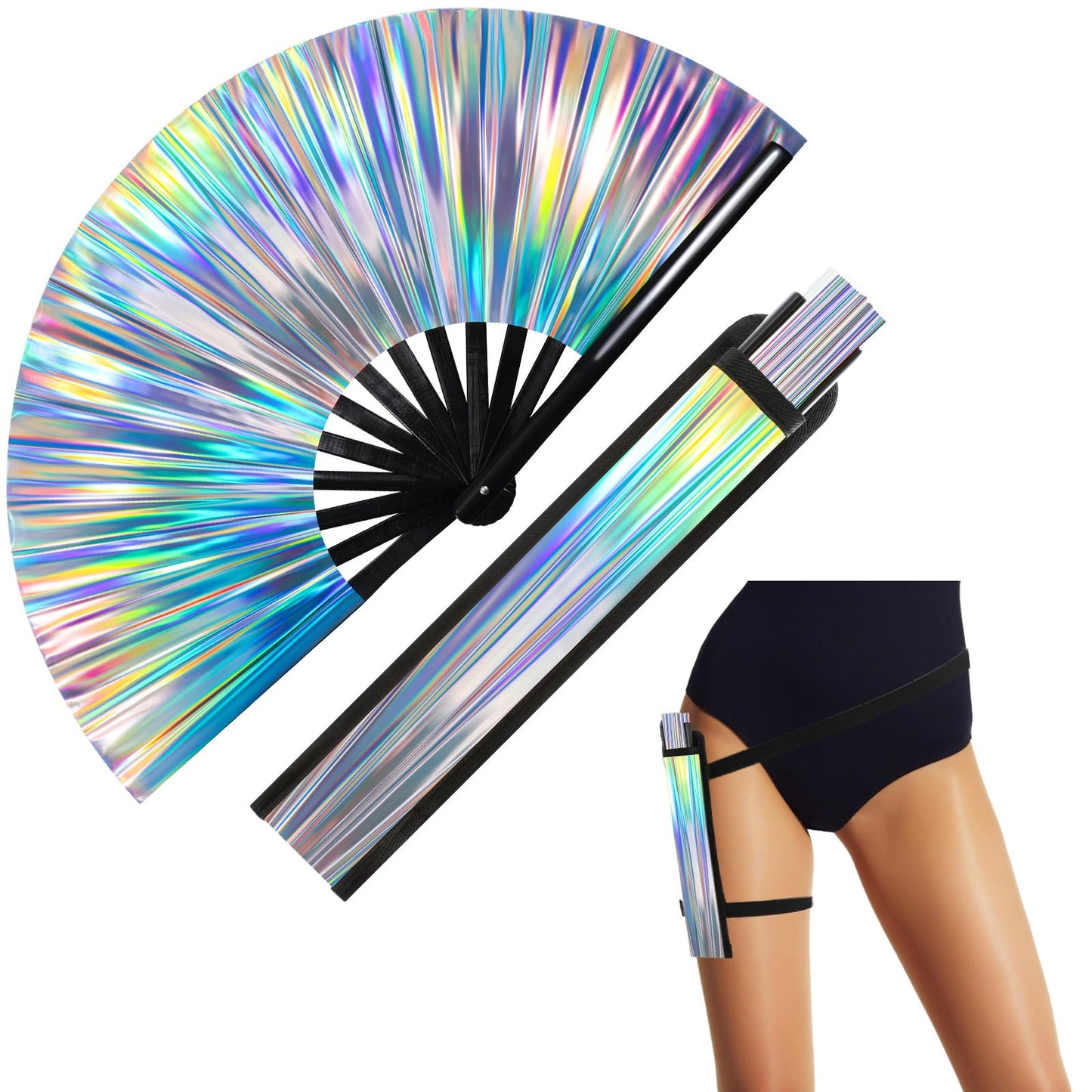 FairySandy Large Rave Fan UV Glow Clack Summer Hand Fan with Thigh Holster for Women Carnival Party Supplies for Carnival Edm Music Festival Club Accessories(Cool Style,Black) WN420