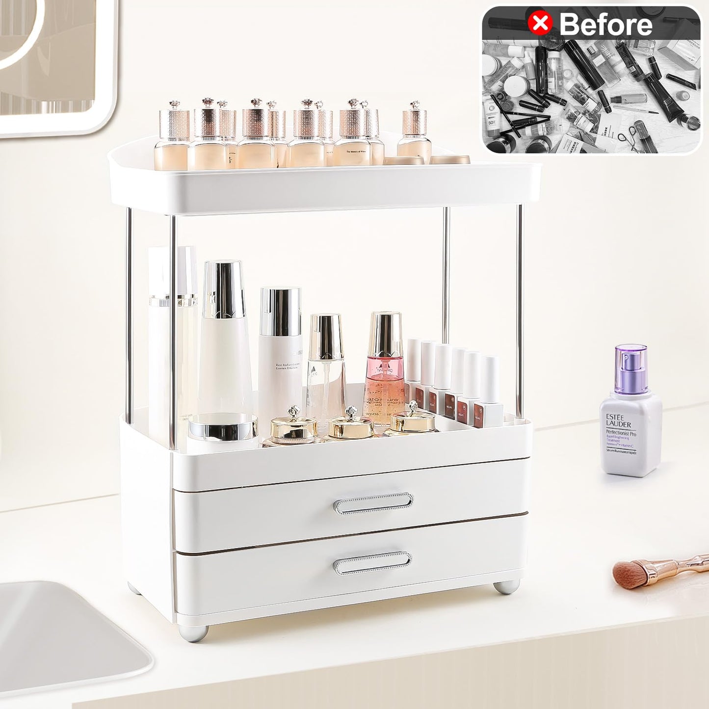 DASITON 4 Tiers Makeup Organizer, 2 Drawers Large Cosmetic Organizers for Vanity Bathroom Countertop, Bathroom Organizers and Storage for Skincare, Cosmetic, Perfume, Dresser Organizer (Cream+Clear) BST220