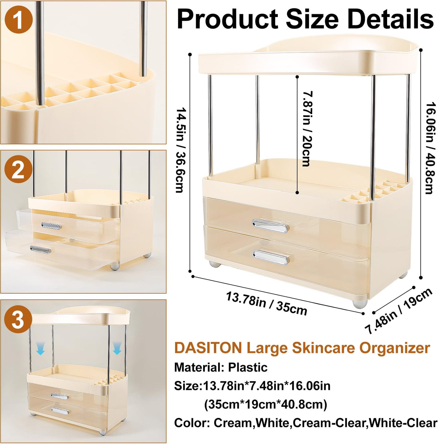 DASITON 4 Tiers Makeup Organizer, 2 Drawers Large Cosmetic Organizers for Vanity Bathroom Countertop, Bathroom Organizers and Storage for Skincare, Cosmetic, Perfume, Dresser Organizer (Cream+Clear) BST220
