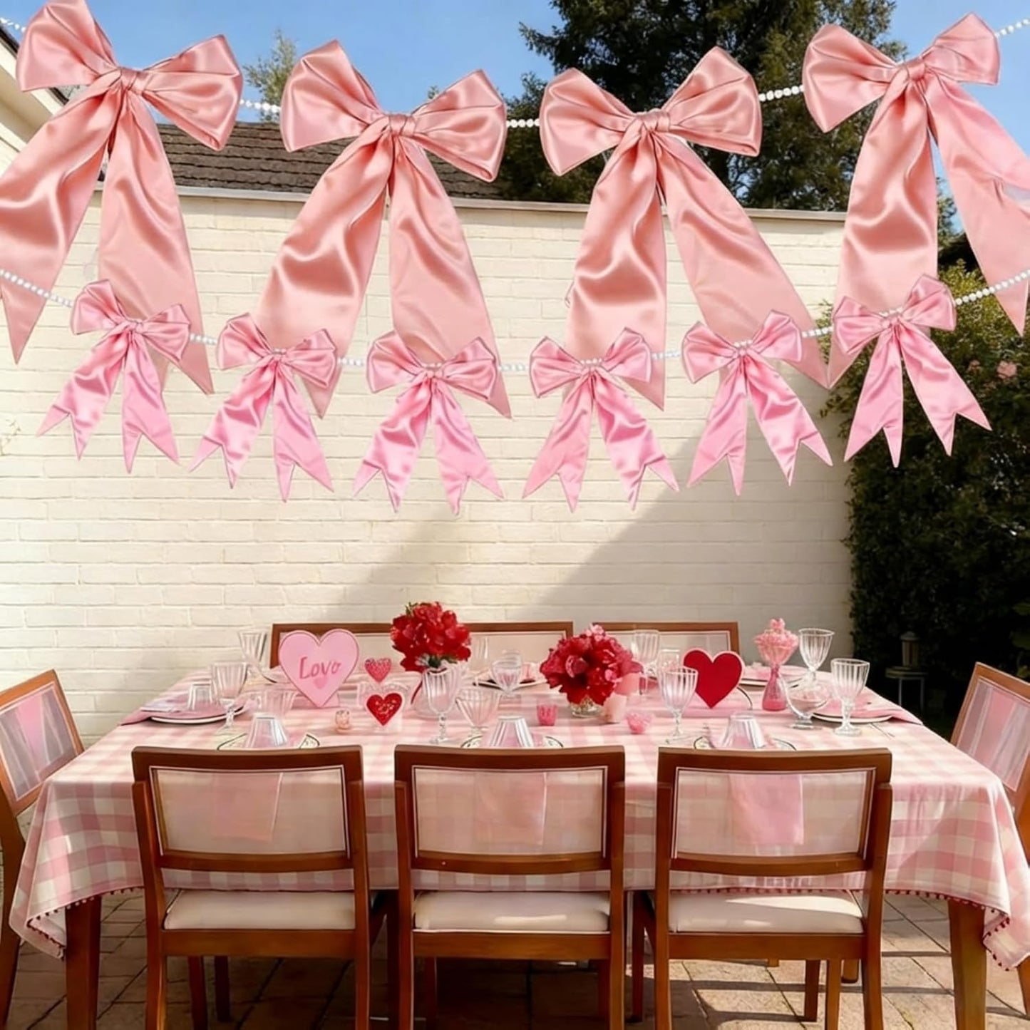 2 Pcs 8.5 ft Large Pink Bow Garland Banner with Pearl Chain Satin Ribbon Pink Bow Hanging Wall Decor for Wedding Birthday Bachelorette Coquette Bridal Baby Shower Engagement Decoration BST202