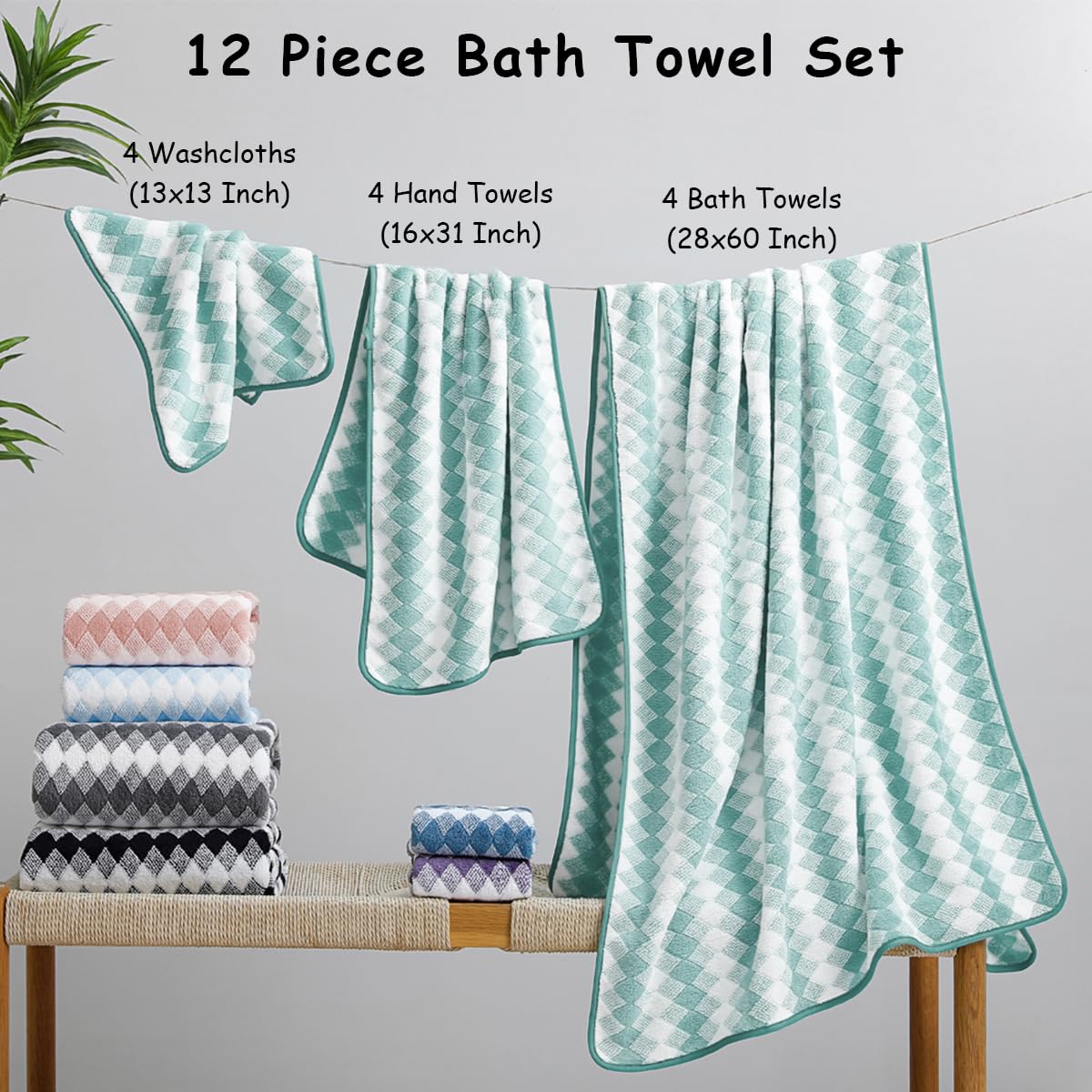 12 Pcs Light Gray Diamond Towel Set-4 Bath Towels,4 Hand Towels,4 Washcloths Soft Polyester Towels with Loop Absorbent Shower Towel Quick Dry Beach Chair Towel Family Towels for Bathroom Spa Gym Pool BST220