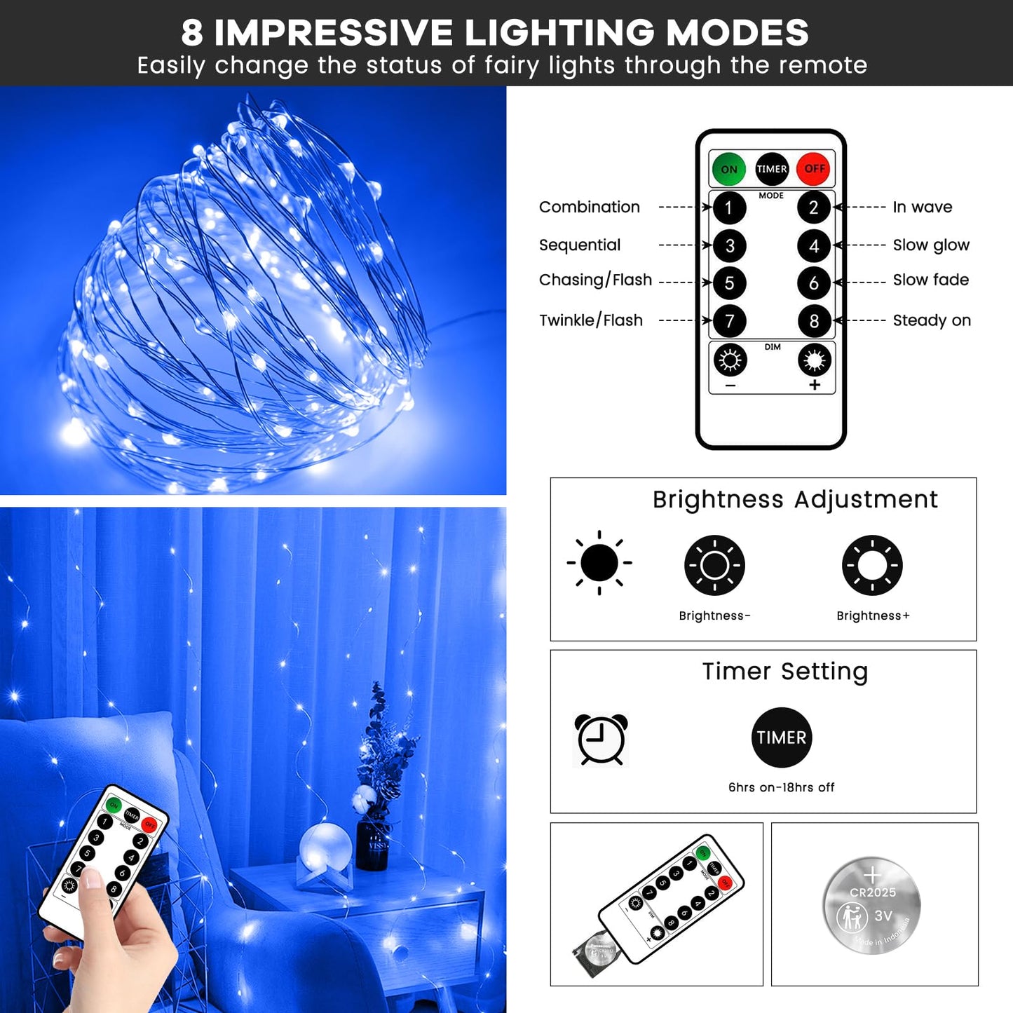 Fairy Lights 33FT 100 LED Fairy String Lights Battery Operated with Remote, 8 Modes Outdoor Waterproof Led Twinkle Lights for DIY Party Wedding Christmas Decoration Warm White WN420