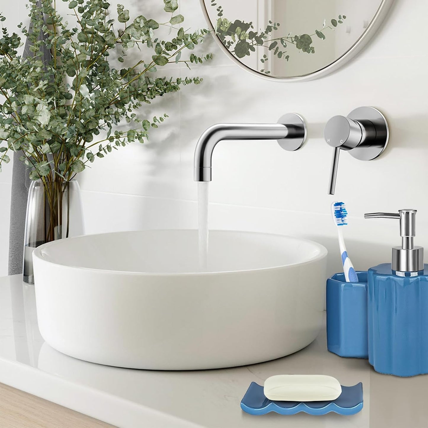 Ceramic Bathroom Accessories Set, Amaauto 3-Piece - Blue Soap Dispenser, Toothbrush Holder & Soap Dish | Modern Bathroom Decor for Countertop Organization BST202