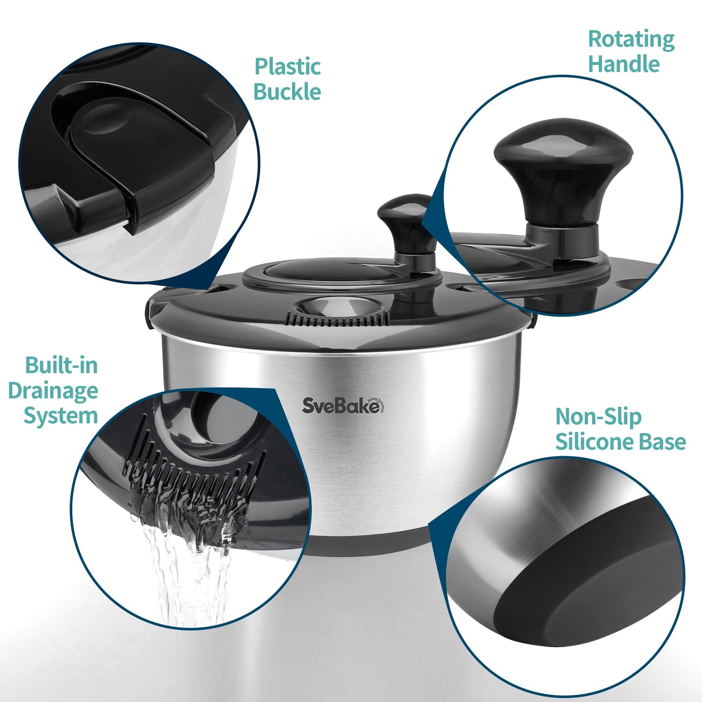 Stainless Steel Salad Spinner, 4.8 Qt Vegetable Washer, BPA-Free Lettuce Dryer with Crank Design, Easy Clean, Non-Slip Base - Transparent Lid BST220
