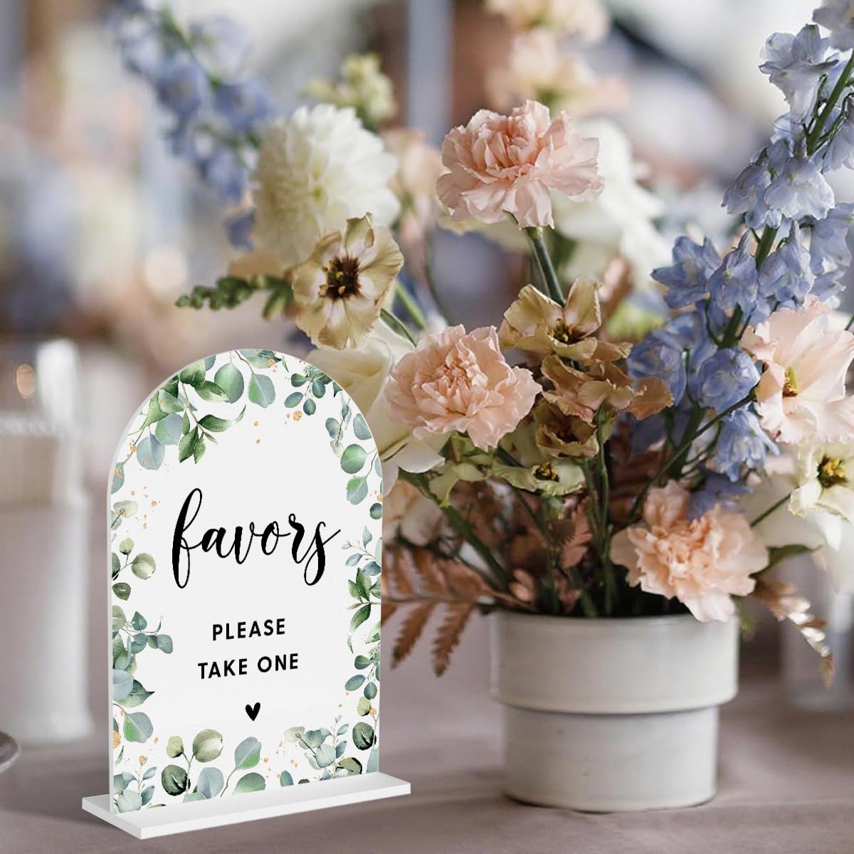 Acrylic Wedding Signs, Bubble Send Off Signs for Marriage Reception, Bridal Shower Decorations, Modern Arched Round Top Acrylic Table Top Sign with Holder for Wedding Party (White Eucalyptus Leaves) BST326L