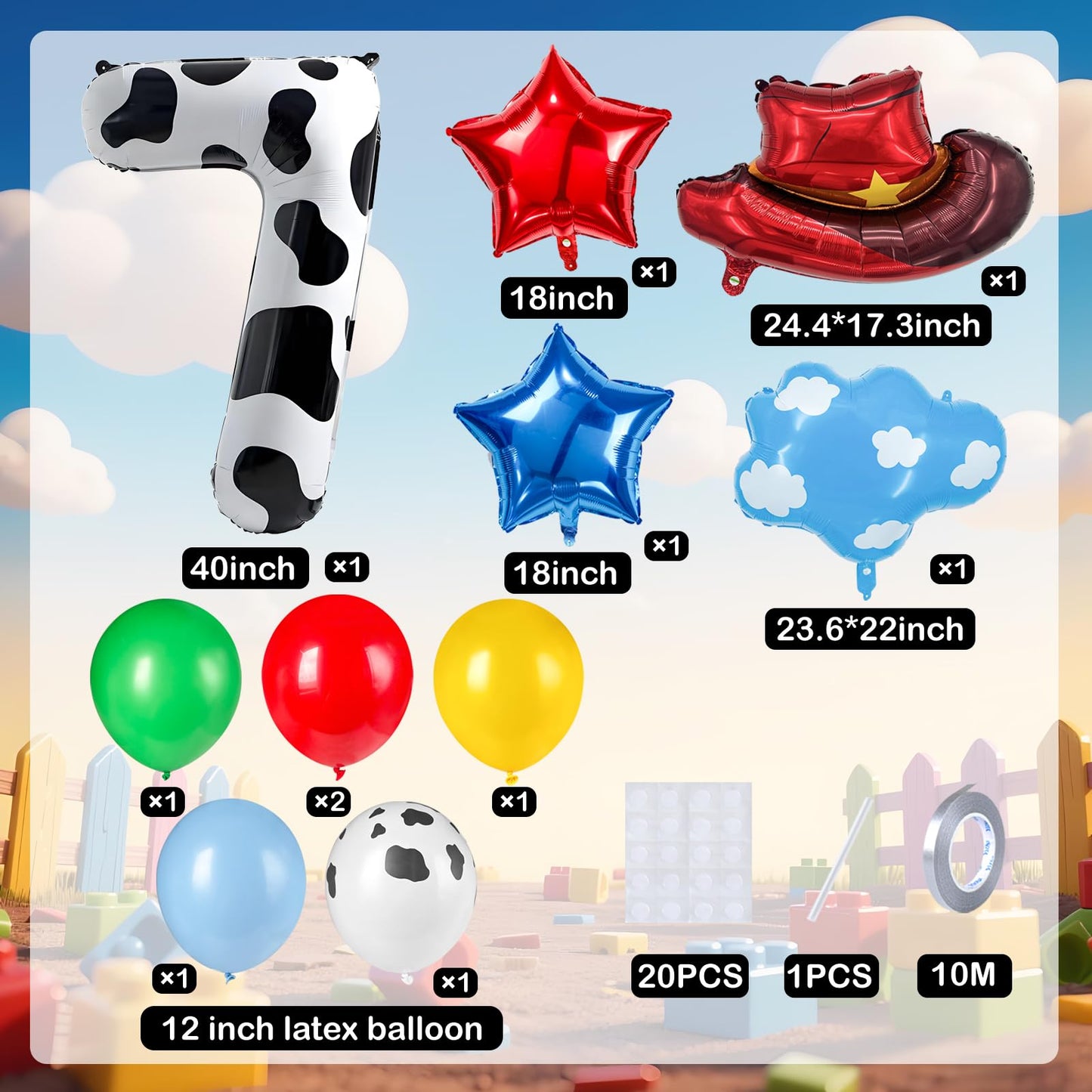11-Pack Cowboy Theme Balloon Set, Farm Theme Decorations, Balloons with Hats and Clouds, Boys and Girls Birthday Party Supplies (1) BST202