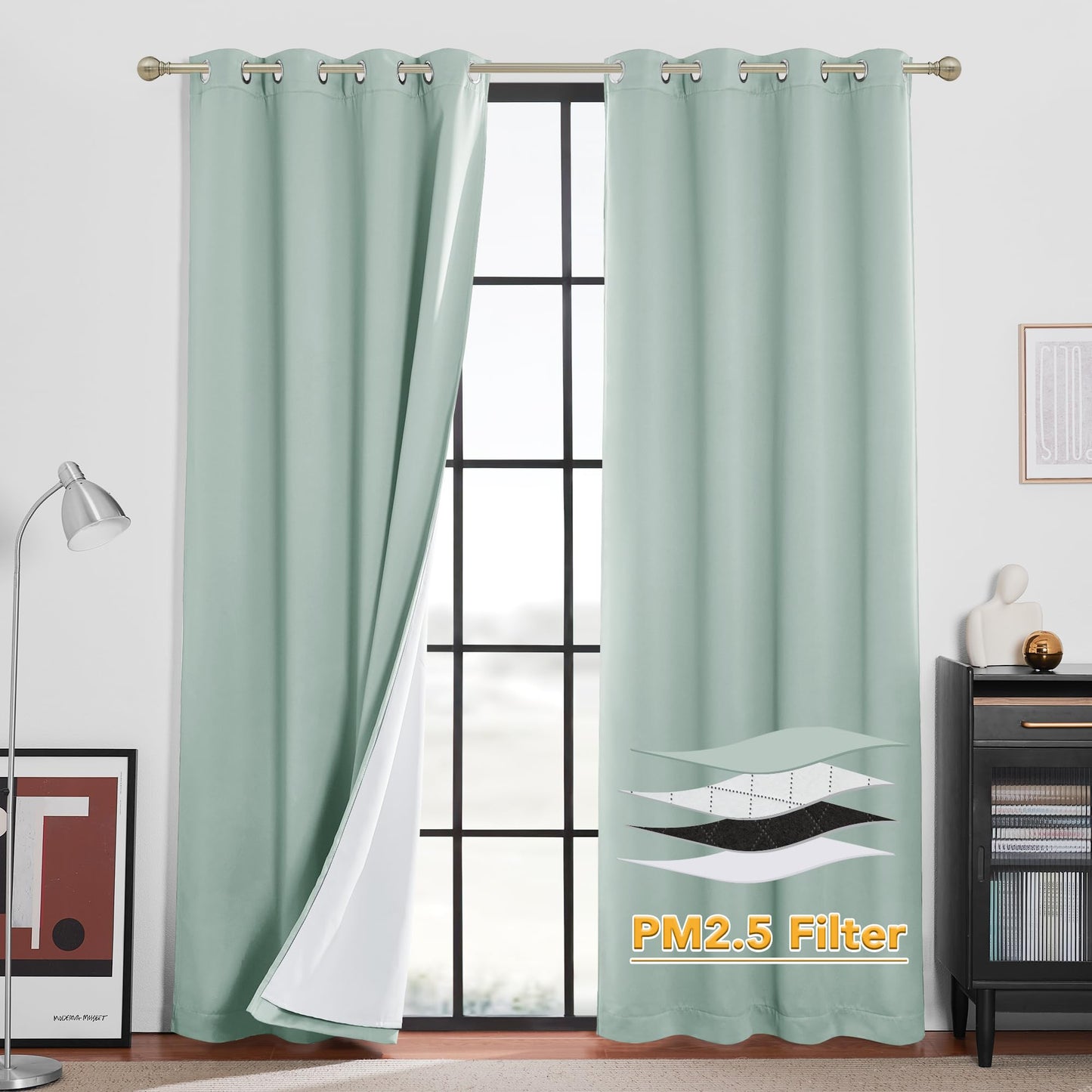 RYB HOME 4-in-1 Dust Filtering Soundproof Blackout Insulating Privacy Window Curtains for Nursery Bedroom Living Room Rivider Sound Absorption Sheet, Black, W52 x L90 inch, 2 Panels BST220