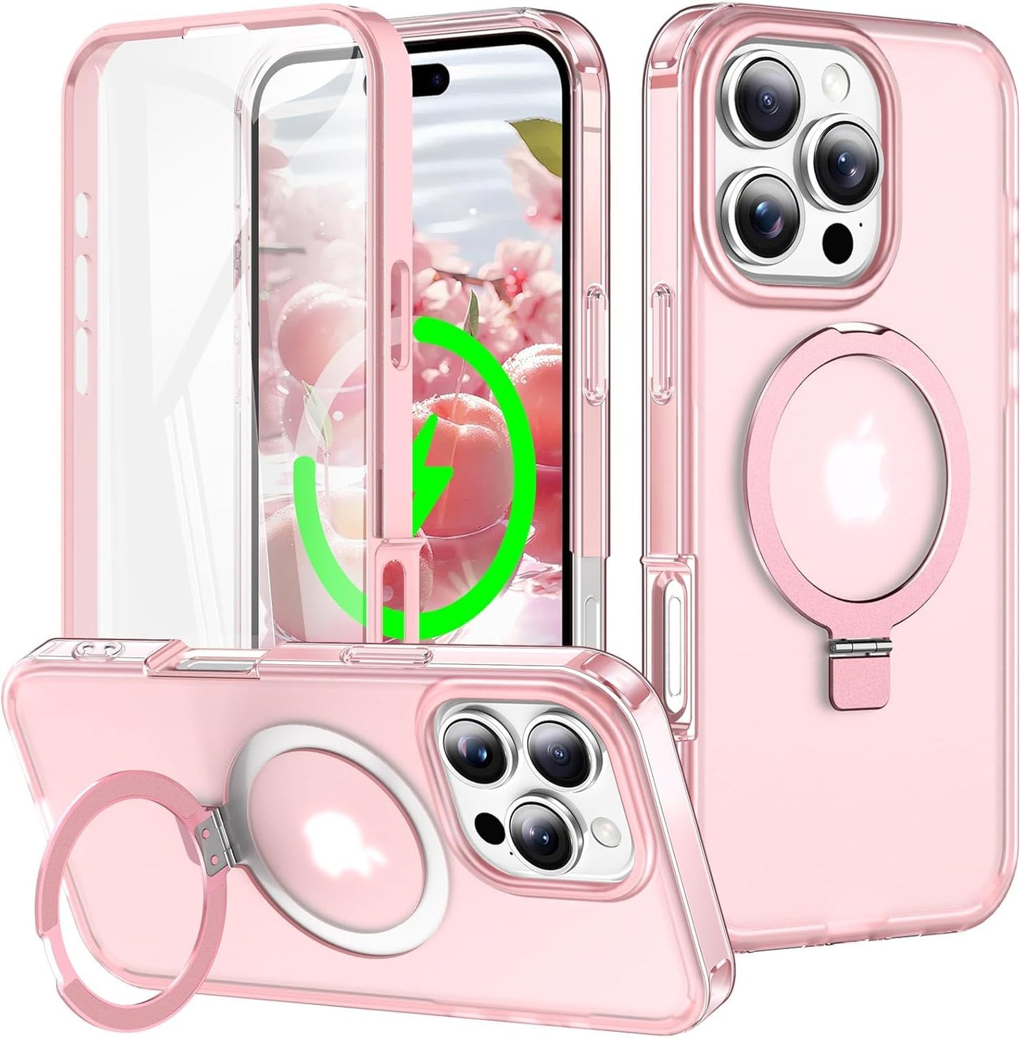 for iPhone 13 Pro Full Body Shockproof Case with Magnetic Invisible Stand [Compatible with MagSafe] Built-in Screen Protector Military Drop ProtectionTranslucent Phone Cover -Hot Pink WN420