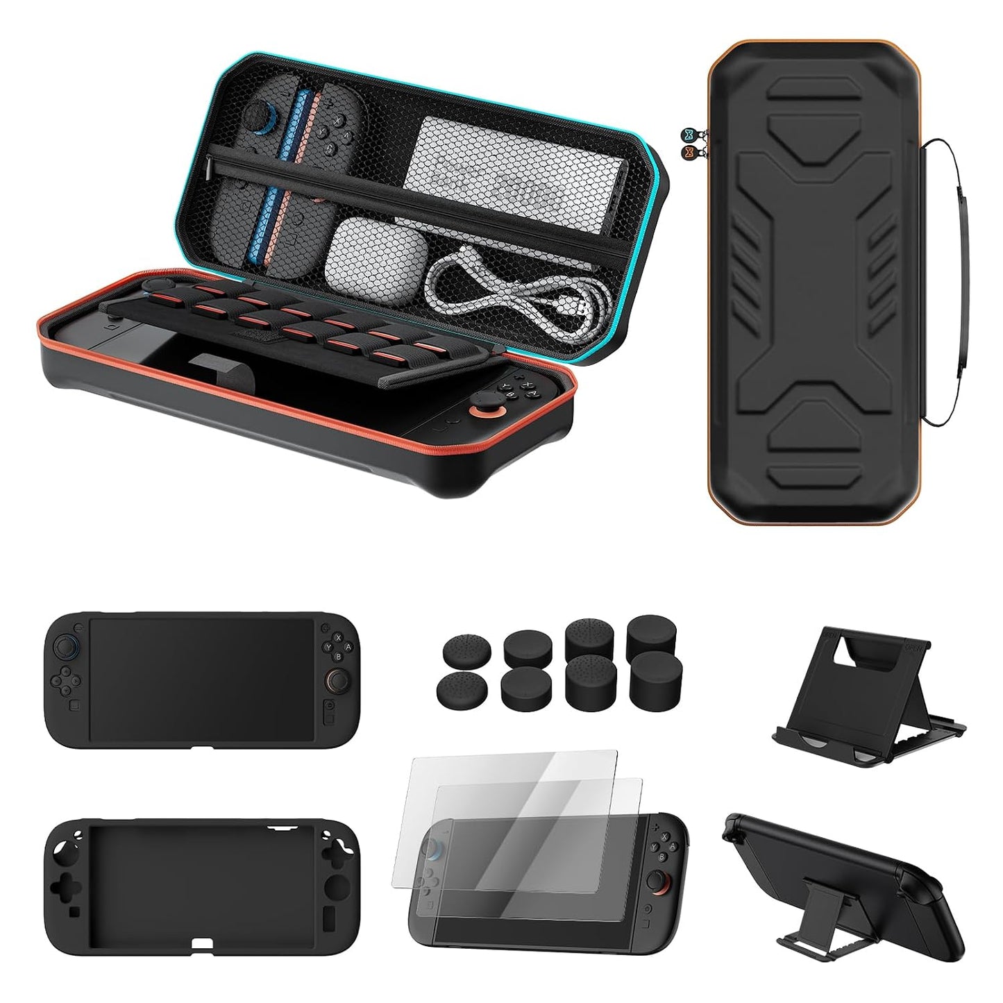 Hosanwell Switch2 13 in 1 Accessories Set for 2025 Nintendo Switch2 Model,Switch2 Hard Carrying Case with Switch2 Protective Case,8 Thumb Grip,2 Screen Protector,1 Stand WN420