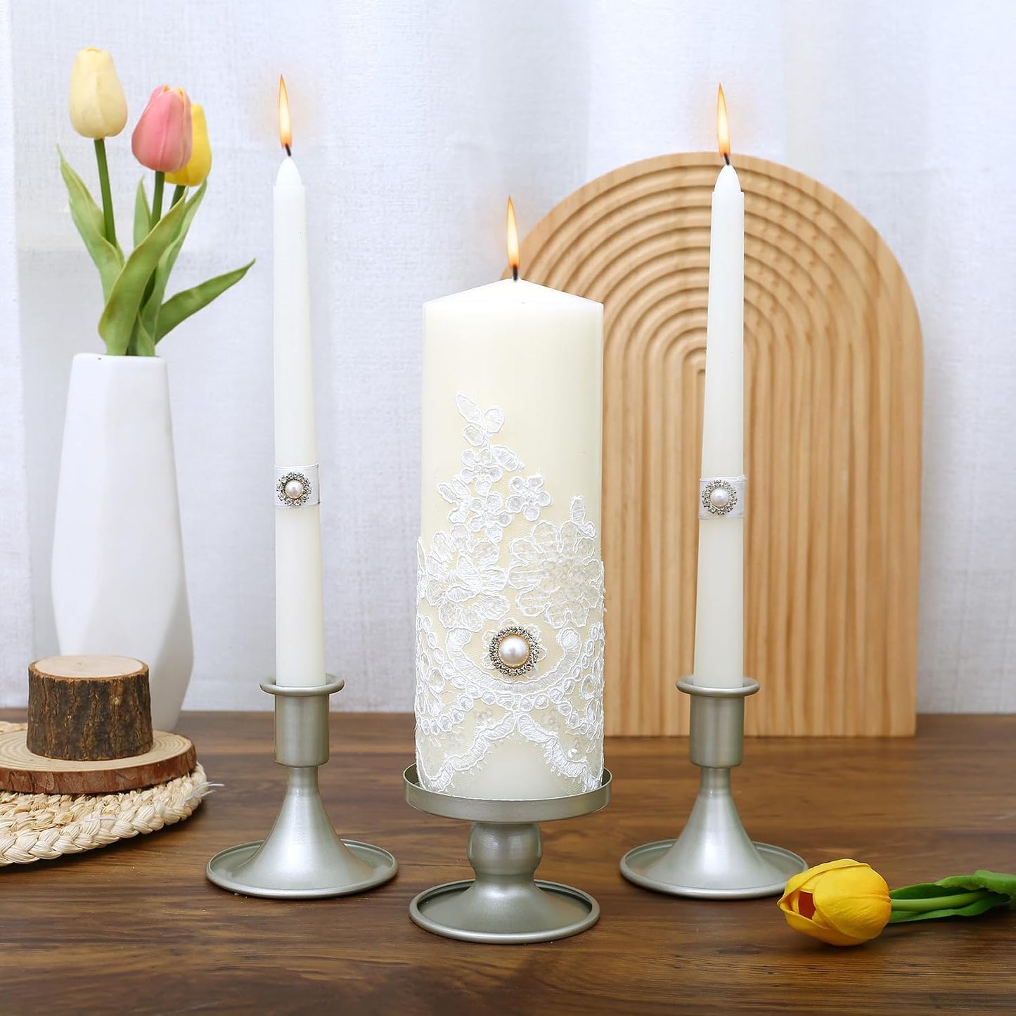 Unity Candle Holder - Unity Candle Holders for Weddings, Metal Unity Candlestick Holder Set of 3, Decorative Unity Candle Stand for Wedding Ceremony Table Centerpiece Decoration Gift (Silver) BST202