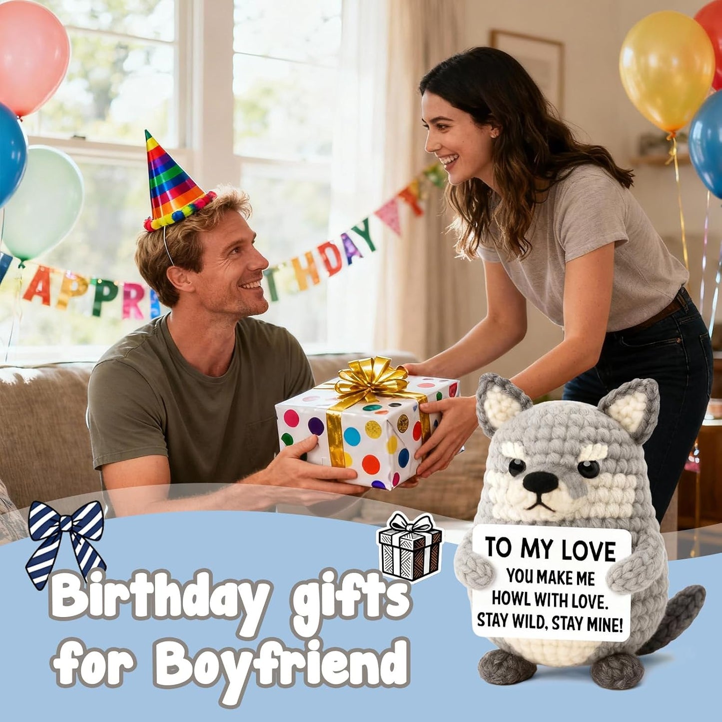 Gifts for Him Boyfriend Husband, Birthday for Men Wife Women Her, Handmade Crochet Gray Wolf Plush, Romantic Birthday Keepsake for Men Couples Wedding Anniversary WN420