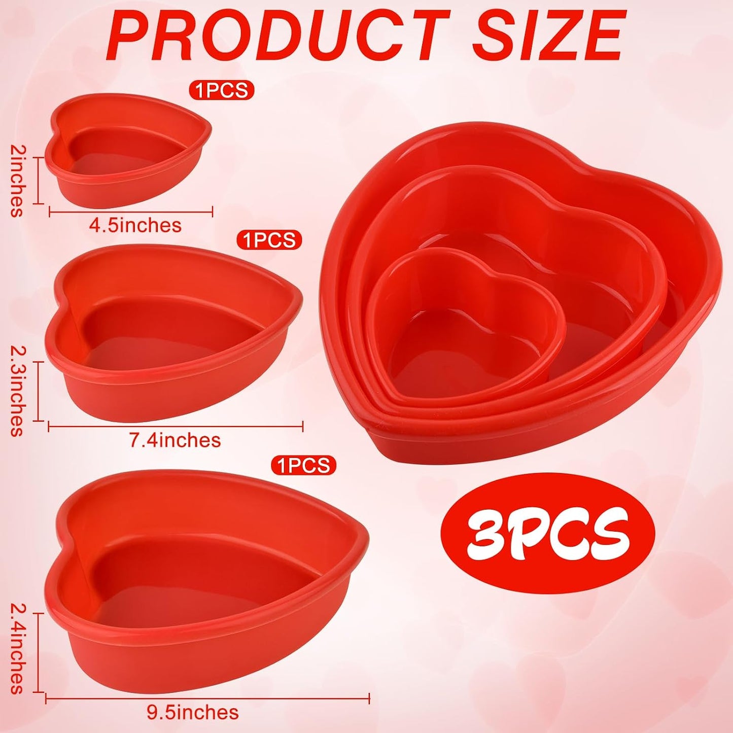 3 Pieces Silicone Heart Cake Pan, 5 8 10 inches Heart Shaped Cake Pan Nonstick Cheesecake Mold Reusable Food Grade Silicone Baking Mold for Baking Brownie Valentine Mother Wedding Birthday Day, Red BST326H