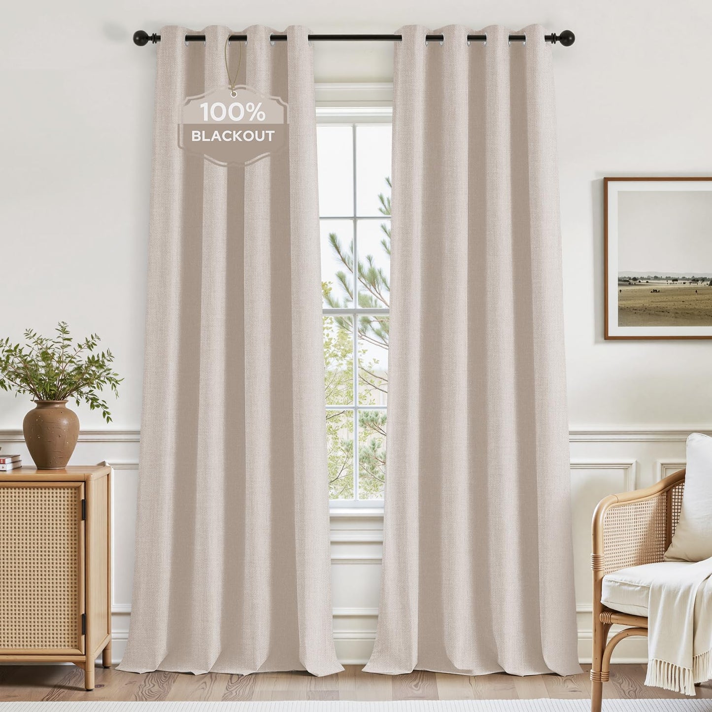HOMEIDEAS 100% Ivory Cream Linen Blackout Curtains for Bedroom, 52 x 96 Inch Length 2 Panels Faux Linen Thermal Insulated Black Out Grommet Window Drapes for Living Room BST202