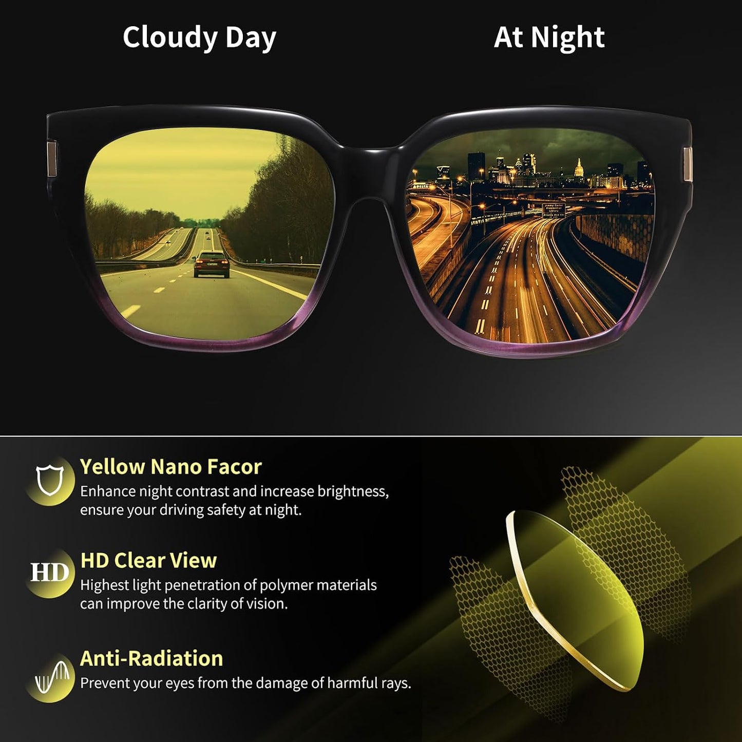 HAOLOTA Night Vision Driving Glasses Fit Over Glasses for Women Men, Anti Glare Polarized Nighttime Yellow Lens WN420