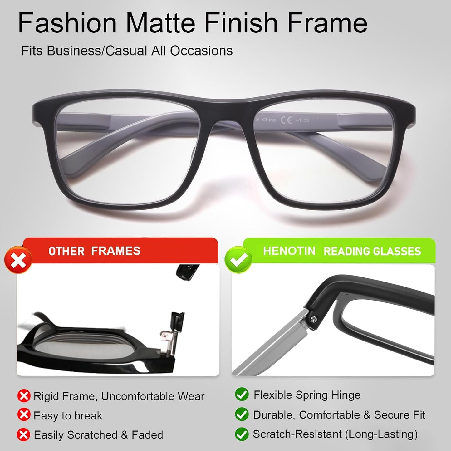 Henotin Blue Light Reading Glasses for Men - Traditional Frames - Readers with Spring Loaded Hinges WN420