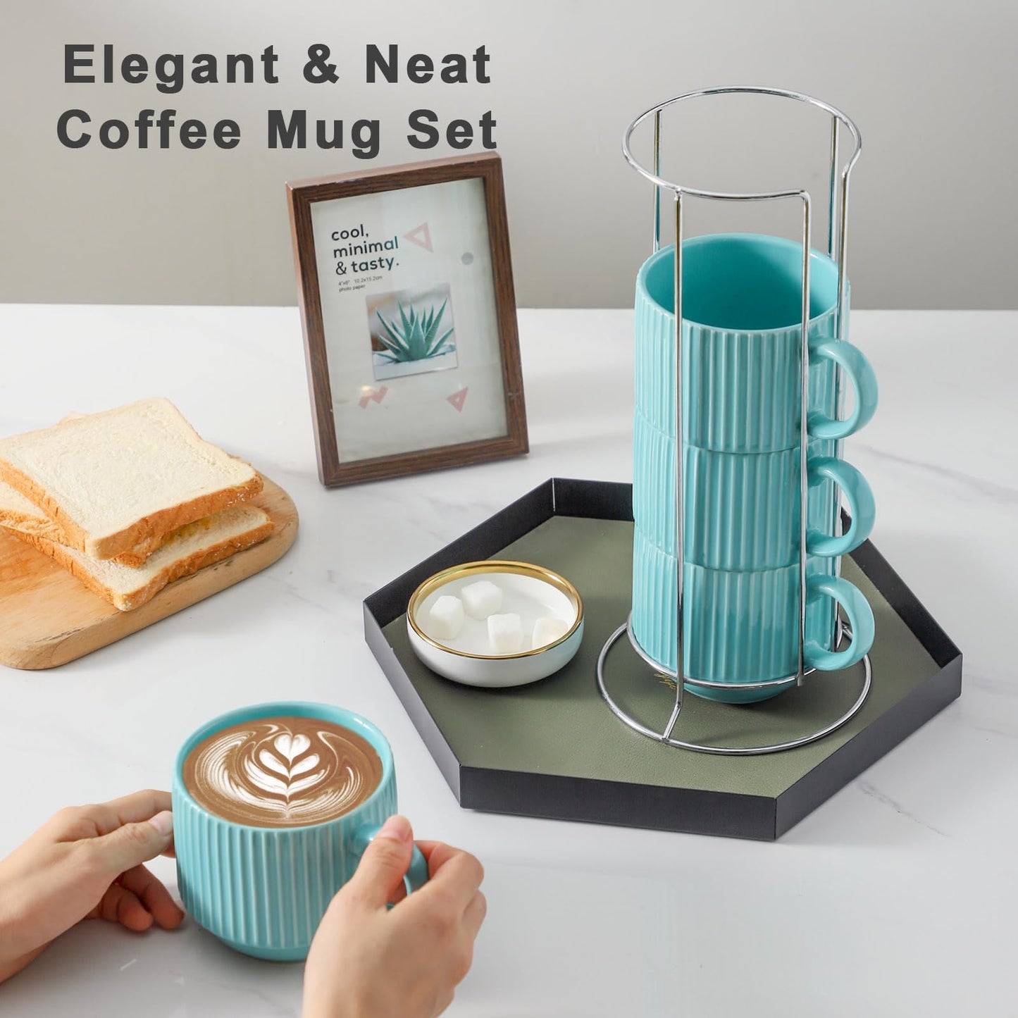 HASENSE 15 oz Ribbed Stackable Coffee Mug Set of 4, Porcelain Latte Cups with Metal Rack, Dishwasher & Microwave Safe, Cappuccino Tea Hot Cocoa, White BST220