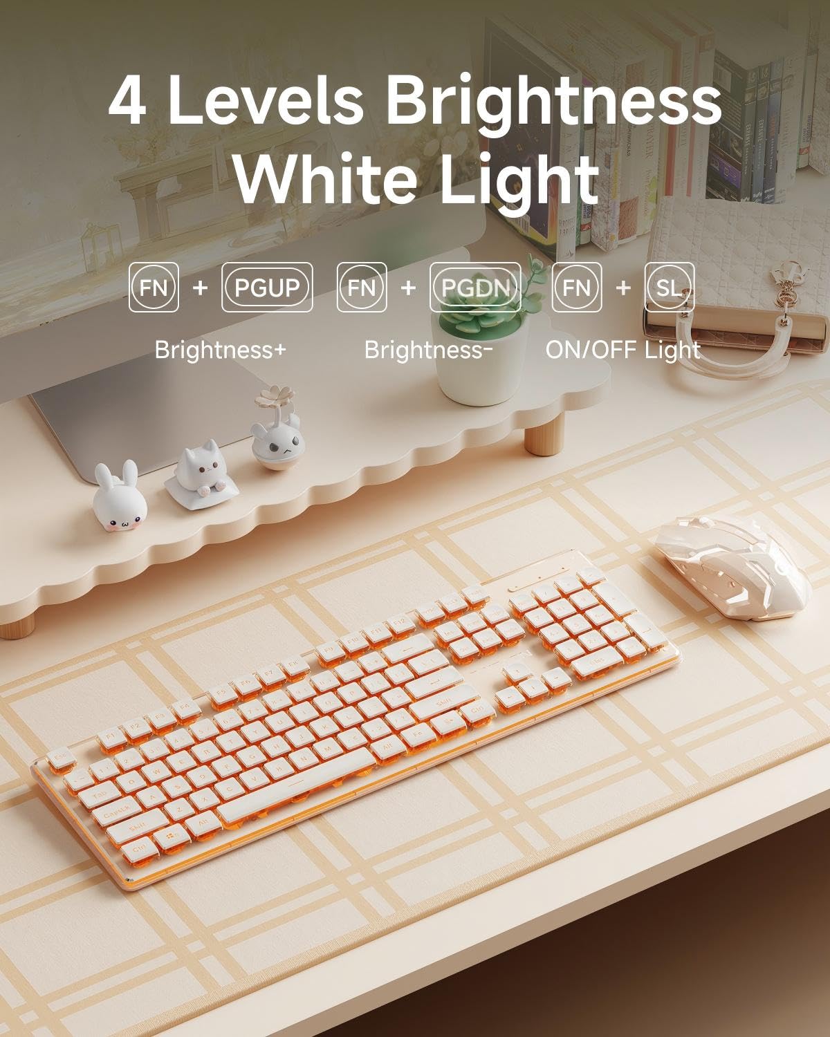 V3 Wireless Keyboard and Mouse with Single Backlit, Metal Panel, Bluetooth/2.4G Rechargeable Computer Keyboard and Mouse Combo Silent Lighted Full Size Cute Keyboards-White