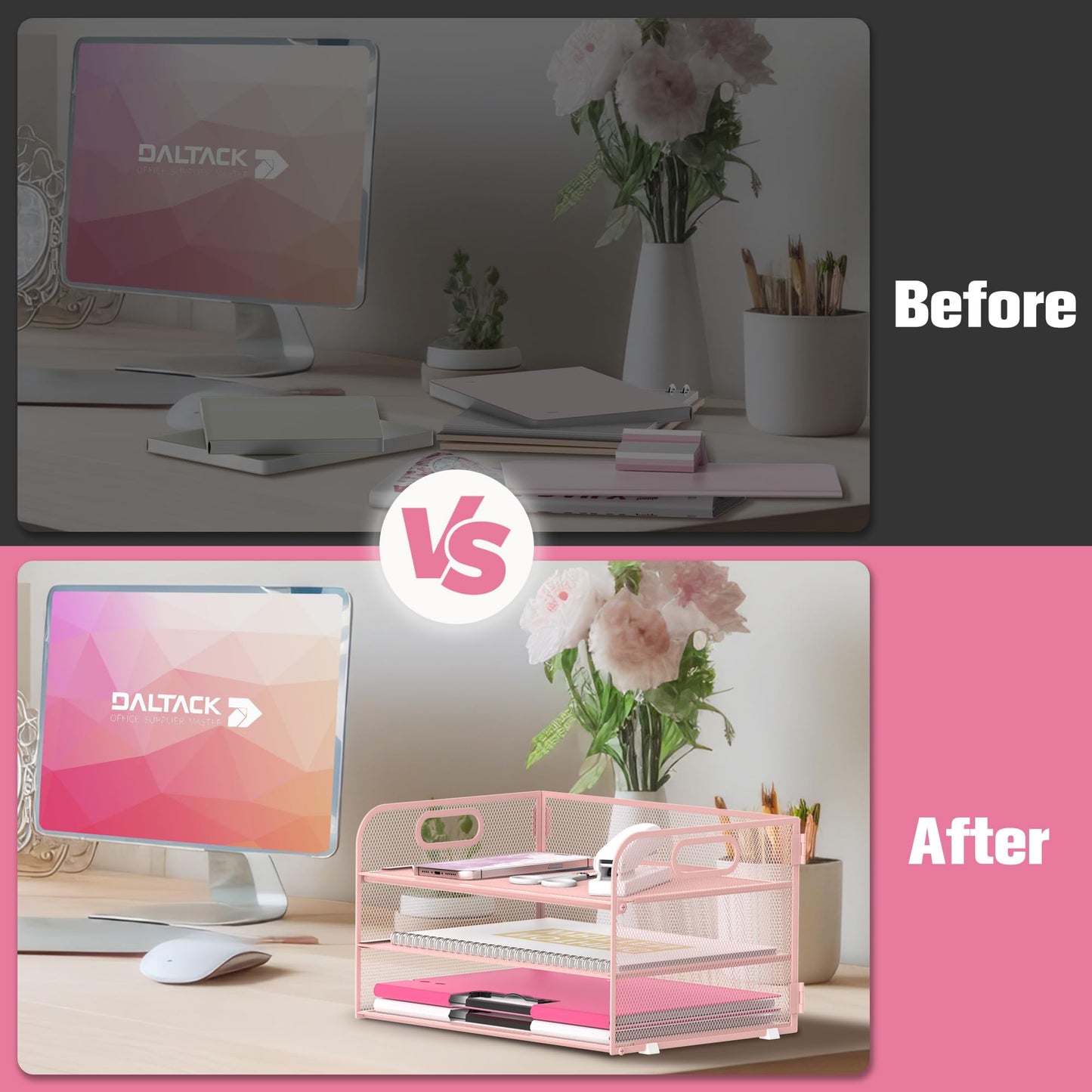 DALTACK 3 Tier Paper Organizer with Handle, Mesh Metal Desk Organizer with Sliding Paper Trays for Letter/A4 Paper, Mail, Bills & Folders, Pink