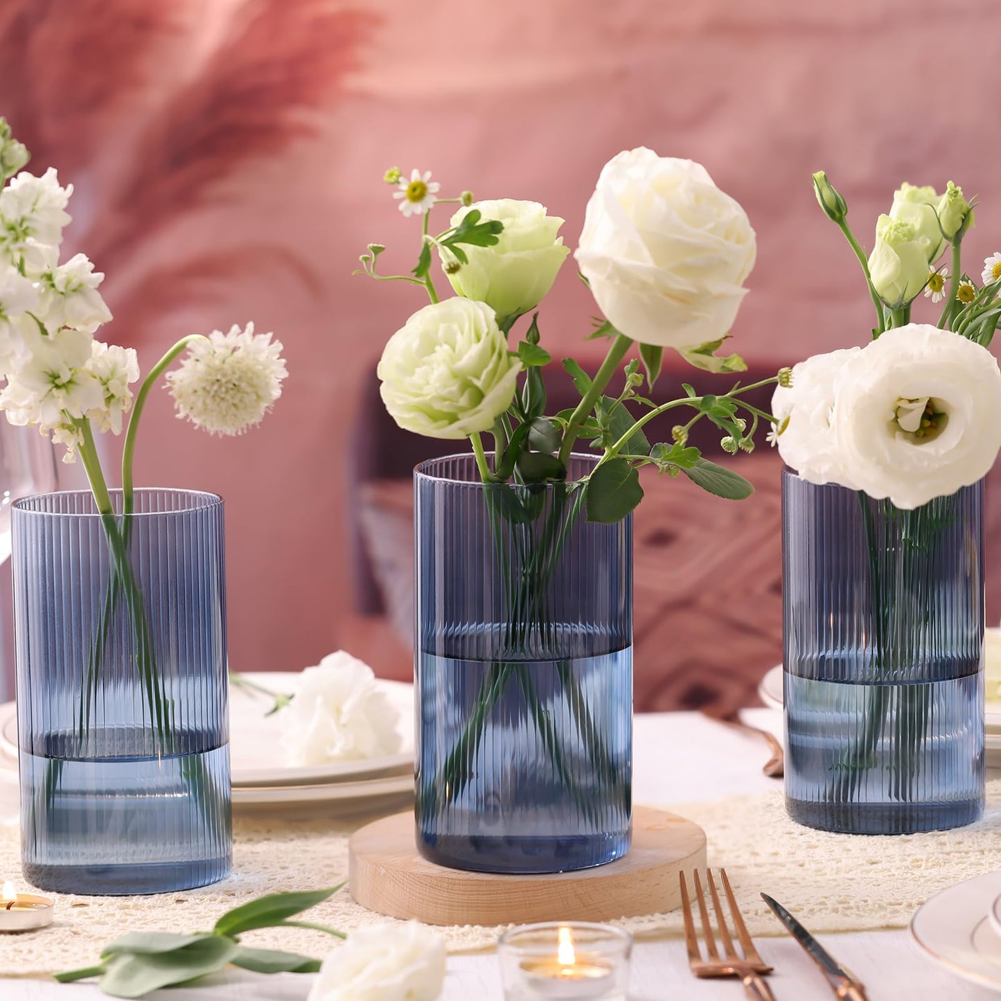 Glass Ribbed Cylinder Vases, 8 Inch Tall, Clear, Pack of 3 | Flower Vases in Bulk, Hurricane Floating Candle Vases, For Party Home Decor BST326H