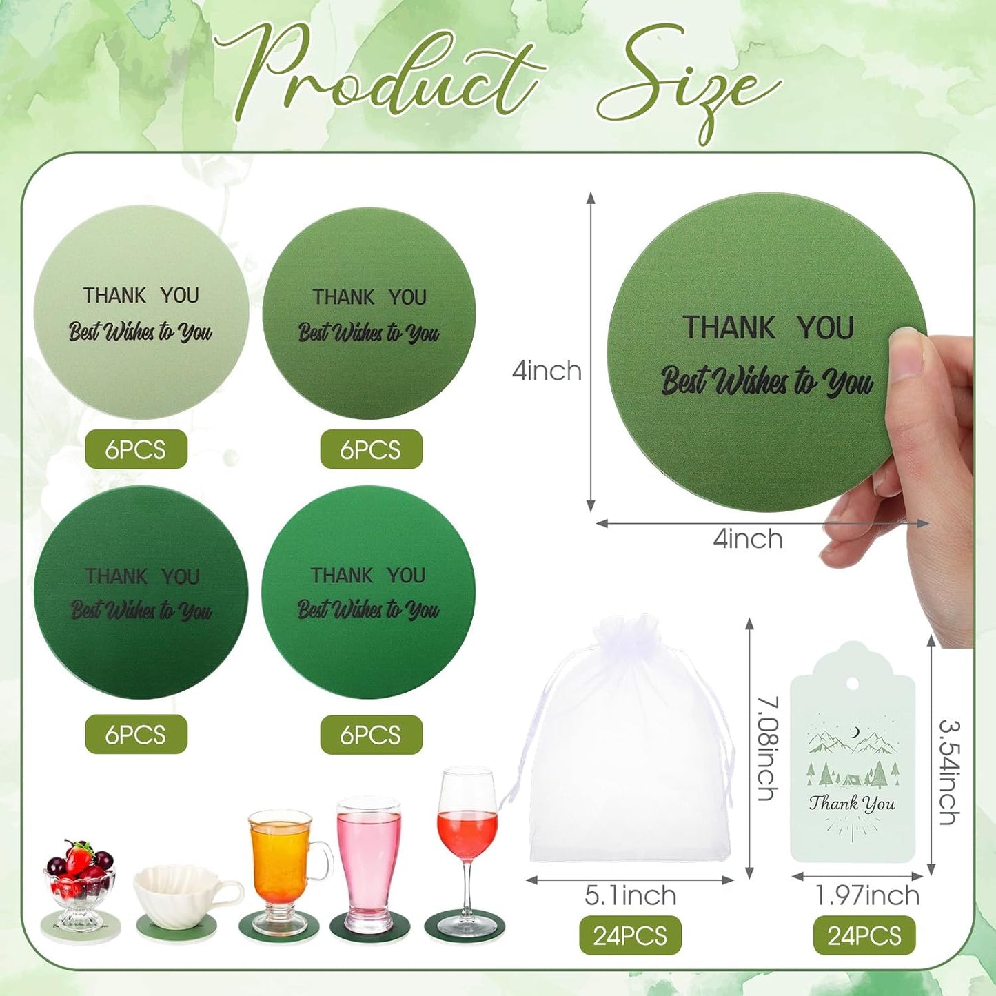 Zhehao 24 Pcs Sage Green Thank You Gift Set, Bulk Ceramic Coasters with Cards and Organza Bags for Employee Appreciation, Teacher Appreciation Gifts, Wedding Favors, Baby Shower, Church Party Favors BST326L
