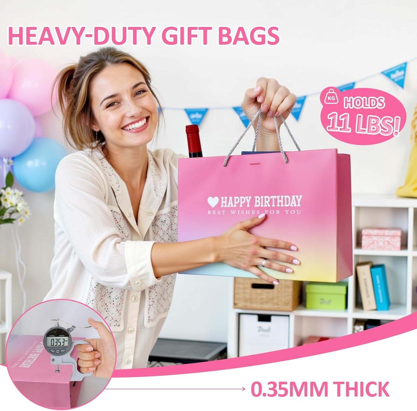 Kecorax Birthday Gift Bag for Women, 14" Large Birthday Bags Set for Girls with Tissue Paper, Card and Ribbons, Suitable for Birthday-themed Parties BST220