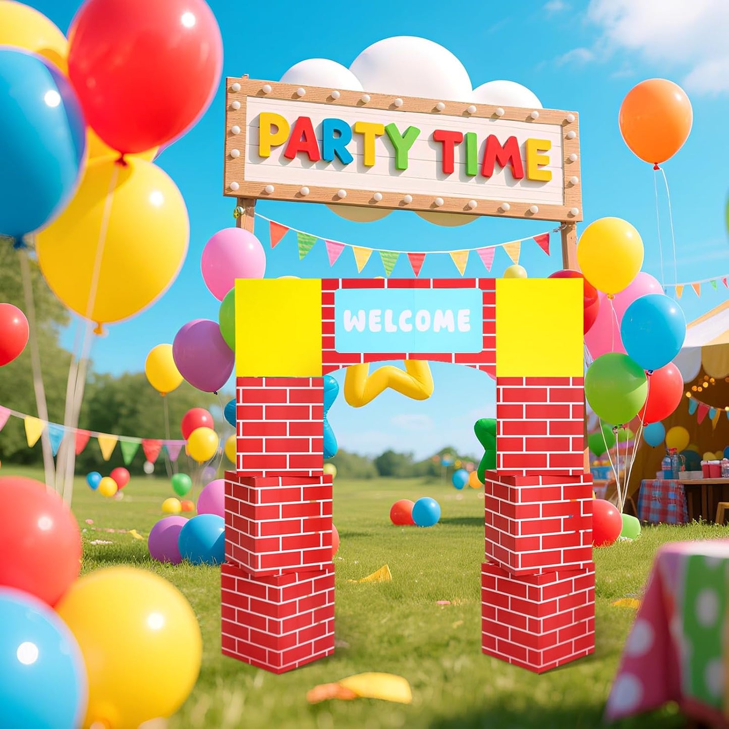 Engrowtic 7 Pcs Game Cardboard Castle Arch Welcome Party Decorations 47 x 55 Inch Video Game Playhouse Boxes Castle House Backdrop for Photo Props Supplies Birthday Gift WN420
