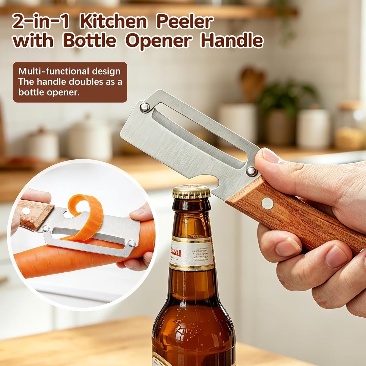 Left & Right Hand Vegetable Peeler Set with Bottle Opener, Thickened Stainless Steel Wide Blade for Smooth Peeling, Wooden Handle Kitchen Peeler for Fruits & Vegetables BST326L