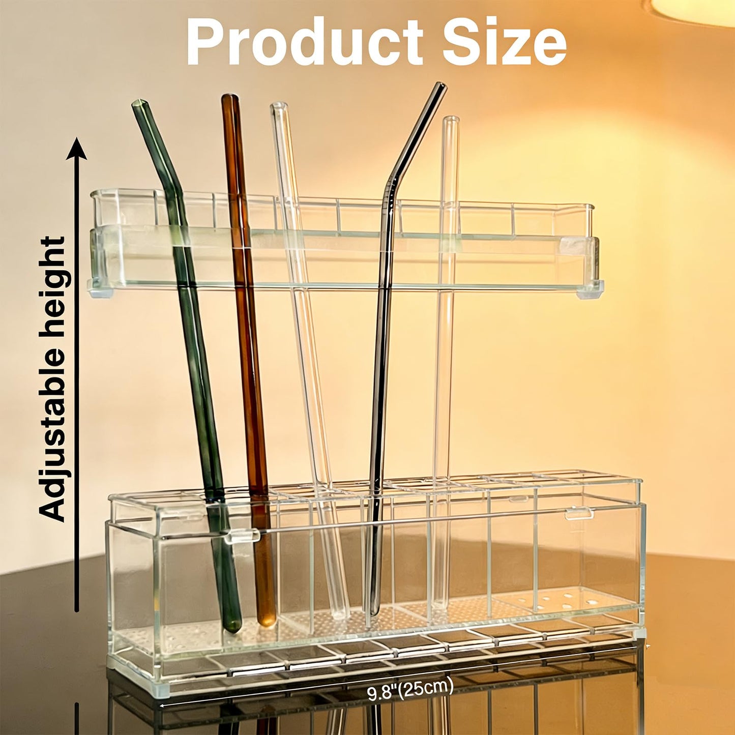 9.8 inch double-layer removable and washable Large Acrylic Cabinet Straw Holder Organizer with Traceless Nano Adhesive – Space-Saving Storage Rack for Cabinet Door, Clear Black Straw Cabinet Holder BST202