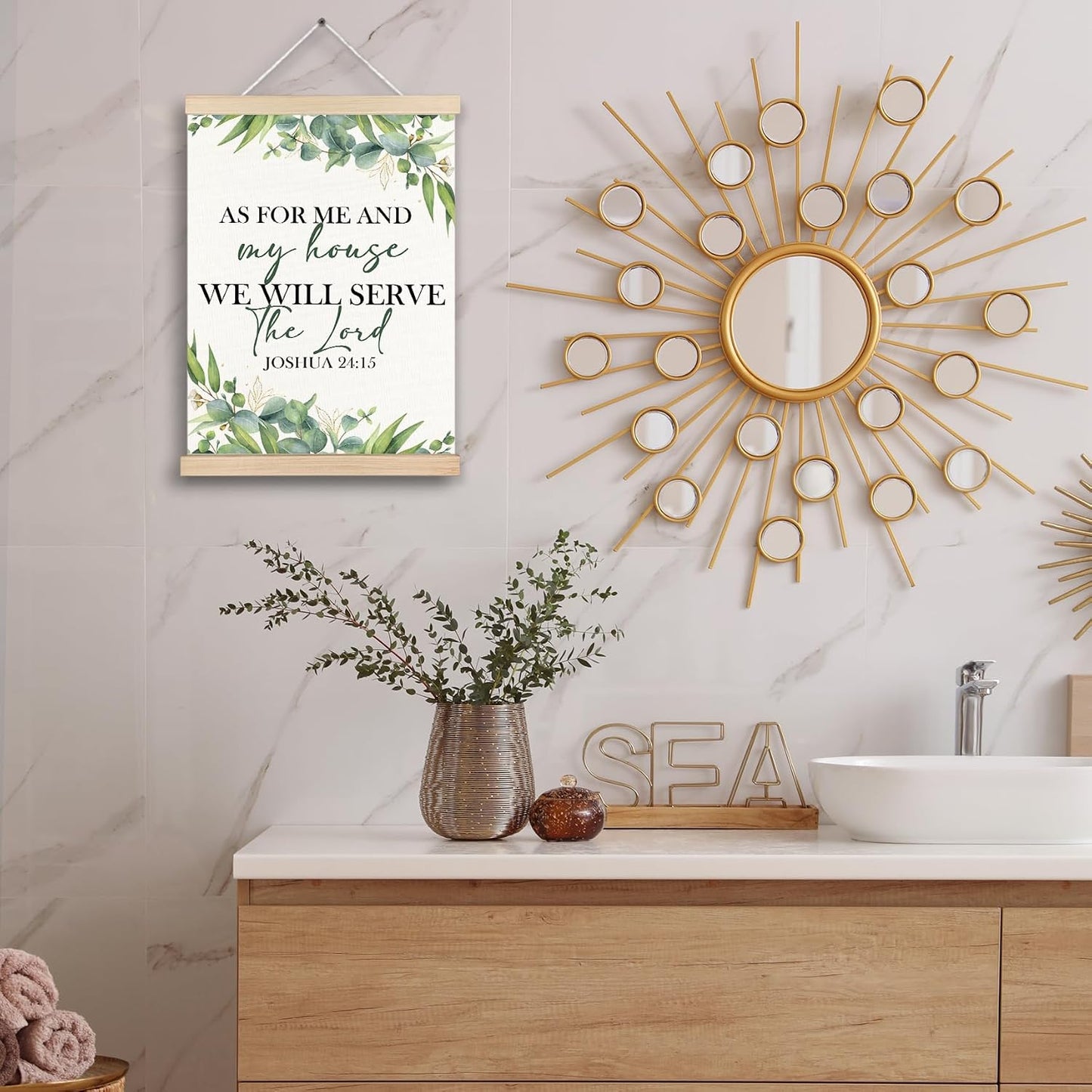 As For Me and My House Wall Decor, Eucalyptus Christian Canvas Poster Hanger Frames, Christian Joshua 24:15 Bible Verses Scripture Wall Decor Prints for Home Bedroom Living Room,12x16 Inch BST202