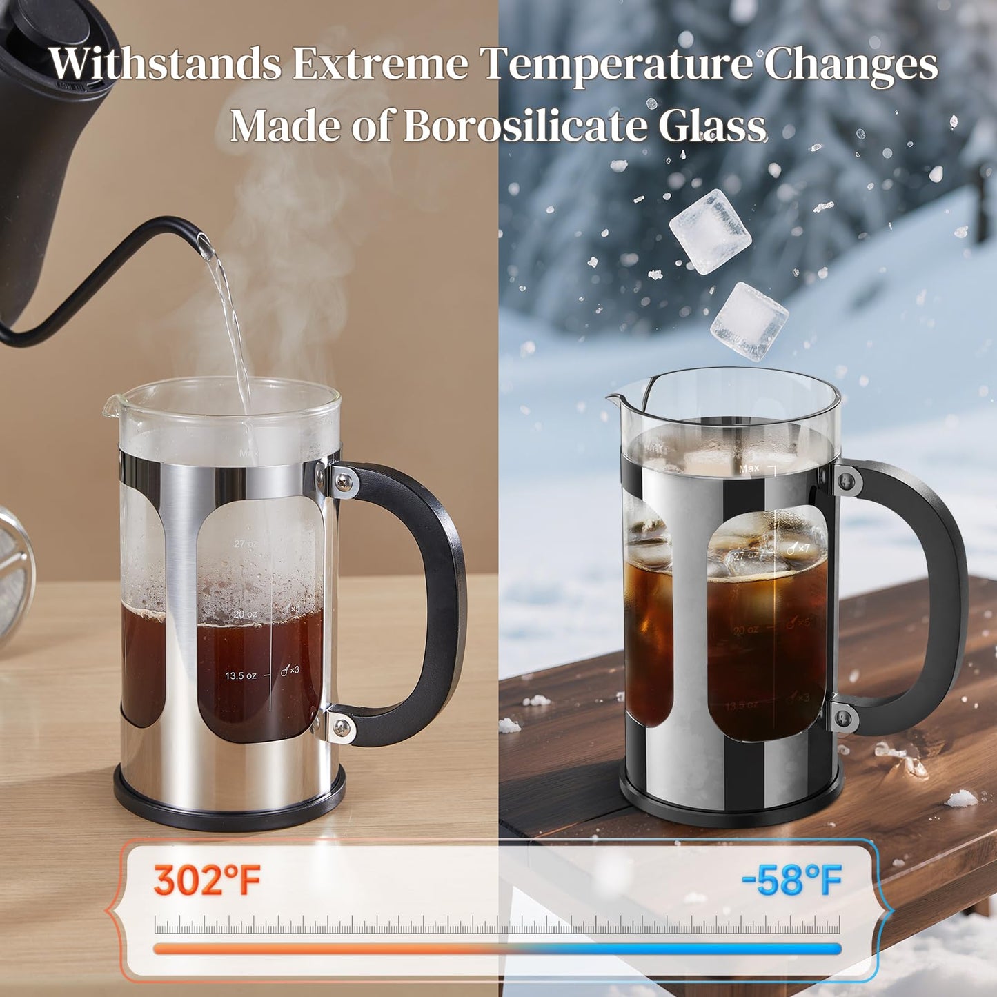Veken French Press Coffee Maker 34oz, No Plastic Touching Cafe,Thickened Glass Stainless Steel Brewer, Cold Brew Cafetera Tea pot for Kitchen Travel Camping, Gifts, Decor, Bar Accessories, Dark Pewter