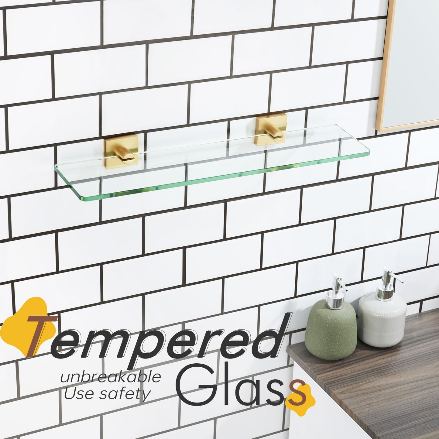 KOKOSIRI Glass Shelf for Bathrooms Floating Shelves Wall Mount 16-Inch for Shower Storage Kitchen Rack, 2 Pack Brushed Stainless Steel B1107BR-L16-P2 BST202
