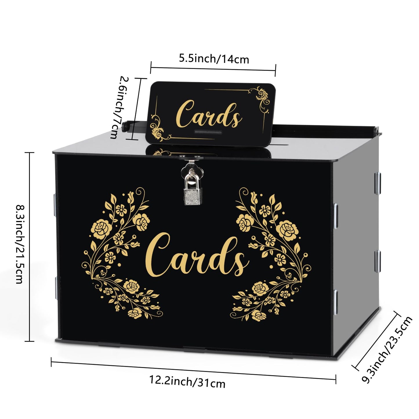 Fowecelt Acrylic Wedding Card Box with Lock Black Card Box DIY Large Rustic Card Box for Wedding Reception Bridal Shower Birthday Baby Shower Party Graduation Decorations (10x10x10 Inch) BST326H