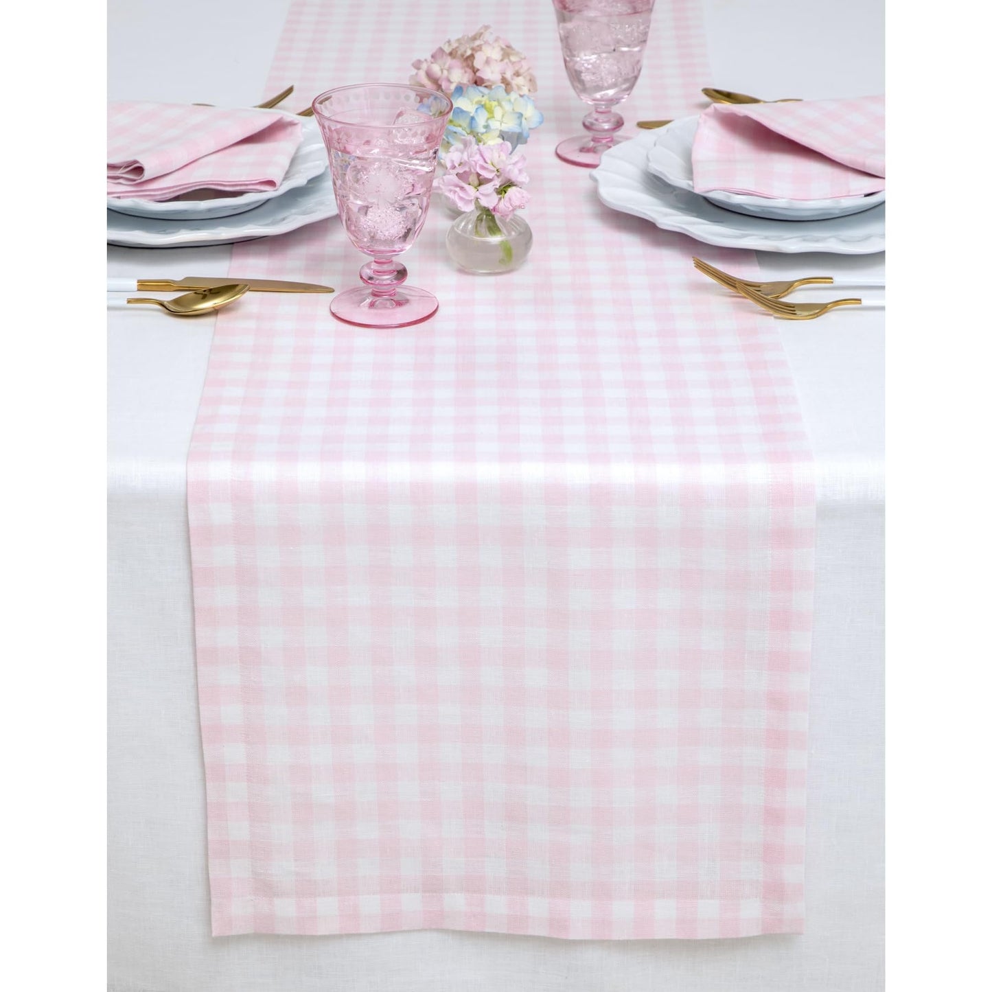 Solino Home 100% Pure Linen Table Runner Apricot, Gingham Check 14 x 36 in | Table Runners for nightstands, end tables, coffee tables and dressers | checkered weave, mitered corners | OEKO-TEX Certified BST326SOLH