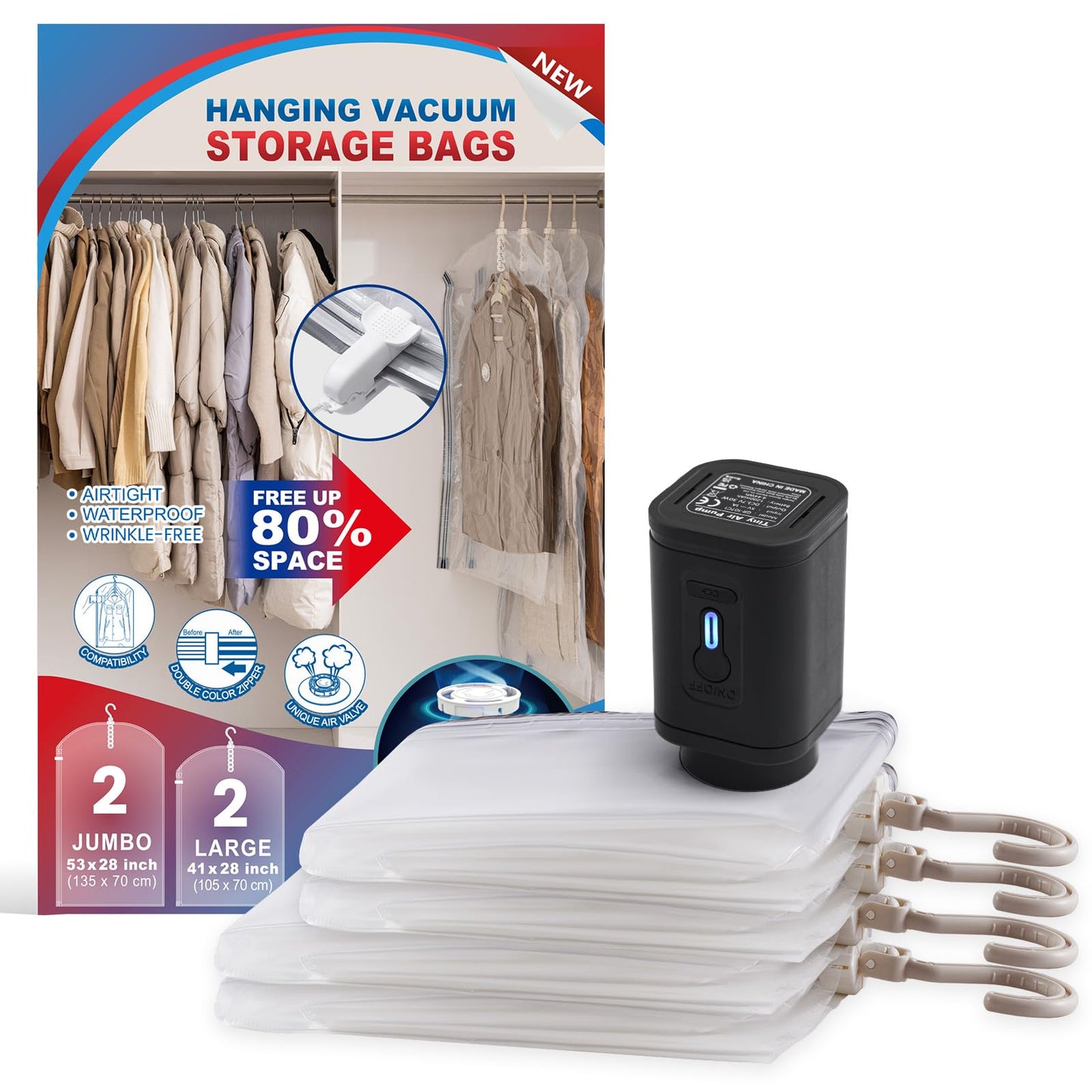 Hanging Vacuum Storage Bags, 6 Pack Hanging Storage Bags for Clothes With Electric Pump N27
