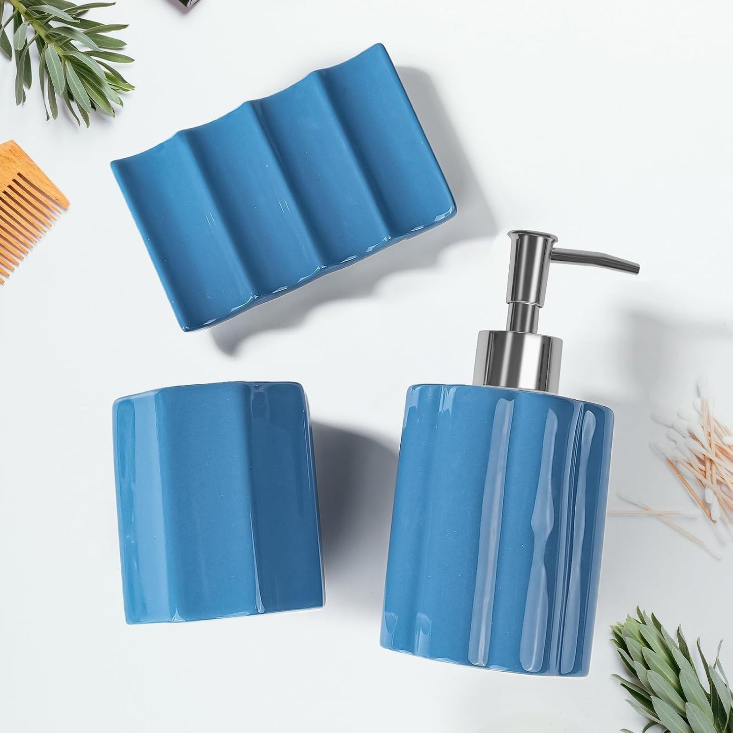 Ceramic Bathroom Accessories Set, Amaauto 3-Piece - Blue Soap Dispenser, Toothbrush Holder & Soap Dish | Modern Bathroom Decor for Countertop Organization BST202