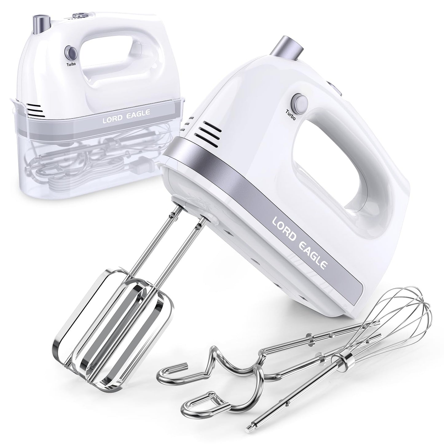 Lord Eagle Hand Mixer Electric Handheld 400W, 5-Speed Lightweight Kitchen Mixer with Storage Case, 5 Stainless Steel Attachments for Baking Cake Egg Cream Food Beater, Turbo+Eject Button, Pink