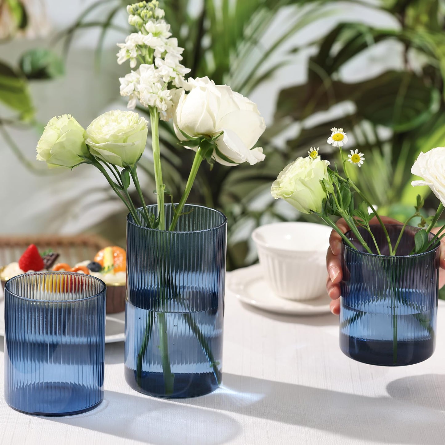Glass Ribbed Cylinder Vases, 8 Inch Tall, Clear, Pack of 3 | Flower Vases in Bulk, Hurricane Floating Candle Vases, For Party Home Decor BST326H