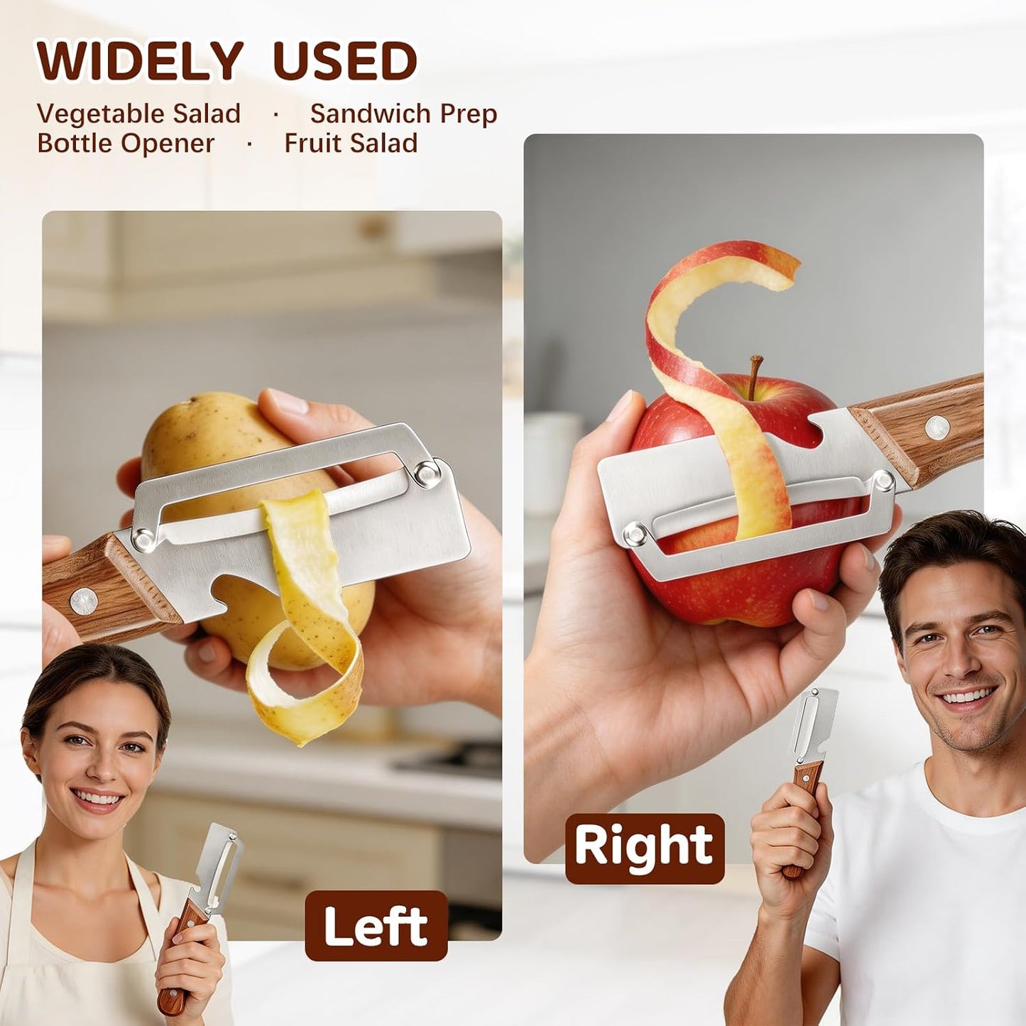 Left & Right Hand Vegetable Peeler Set with Bottle Opener, Thickened Stainless Steel Wide Blade for Smooth Peeling, Wooden Handle Kitchen Peeler for Fruits & Vegetables BST326L