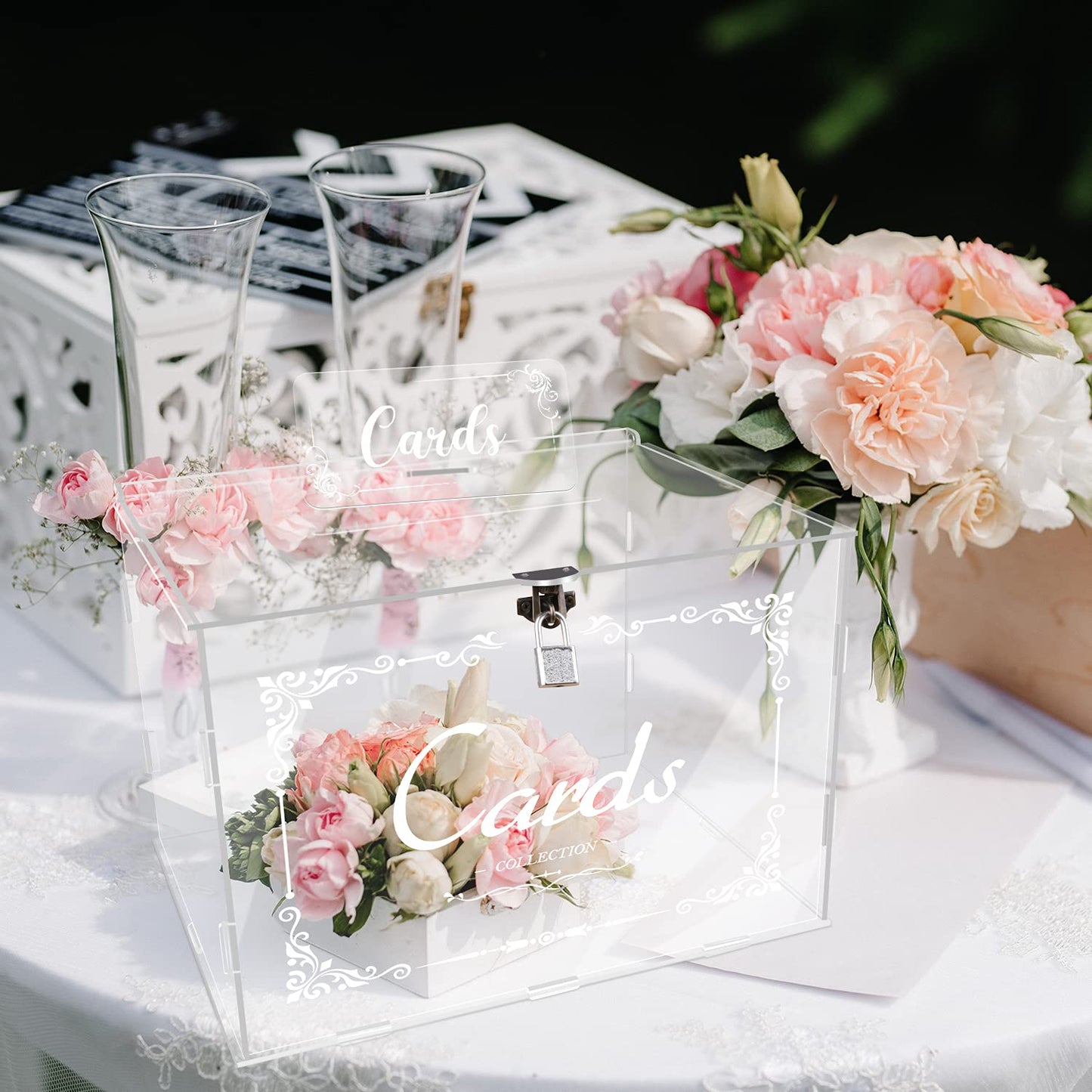 Fowecelt Acrylic Wedding Card Box with Lock Black Card Box DIY Large Rustic Card Box for Wedding Reception Bridal Shower Birthday Baby Shower Party Graduation Decorations (10x10x10 Inch) BST326H