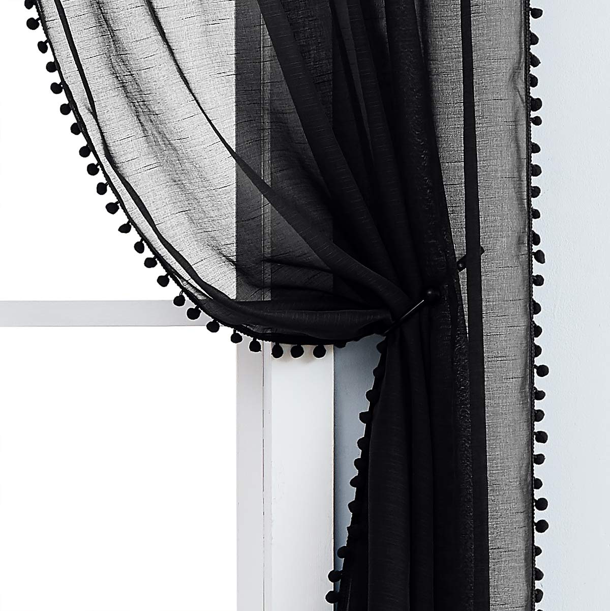 Treatmentex Pom-Pom Grey Sheer Curtains for Bedroom 63" Window Drapes Rod Pocket Textured Sheer Curtain for Kids Room 52" w 2 Panels BST202