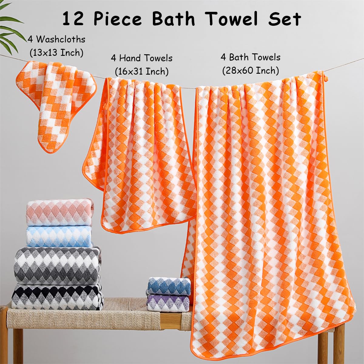 12 Pcs Light Gray Diamond Towel Set-4 Bath Towels,4 Hand Towels,4 Washcloths Soft Polyester Towels with Loop Absorbent Shower Towel Quick Dry Beach Chair Towel Family Towels for Bathroom Spa Gym Pool BST220