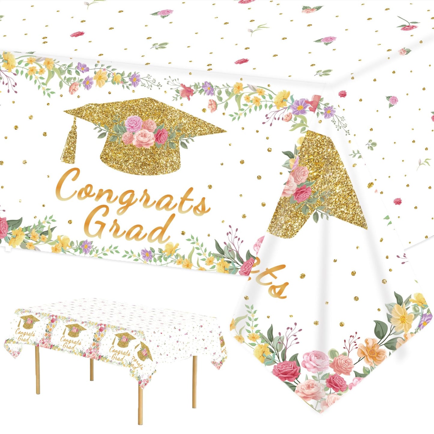 3PCS Mastered It Graduation Tablecloth Black Gold Congrats Grad Table Cover Plastic Master's Graduation Party Supplies for Class of 2026 Master College Disposable Decorations WN420