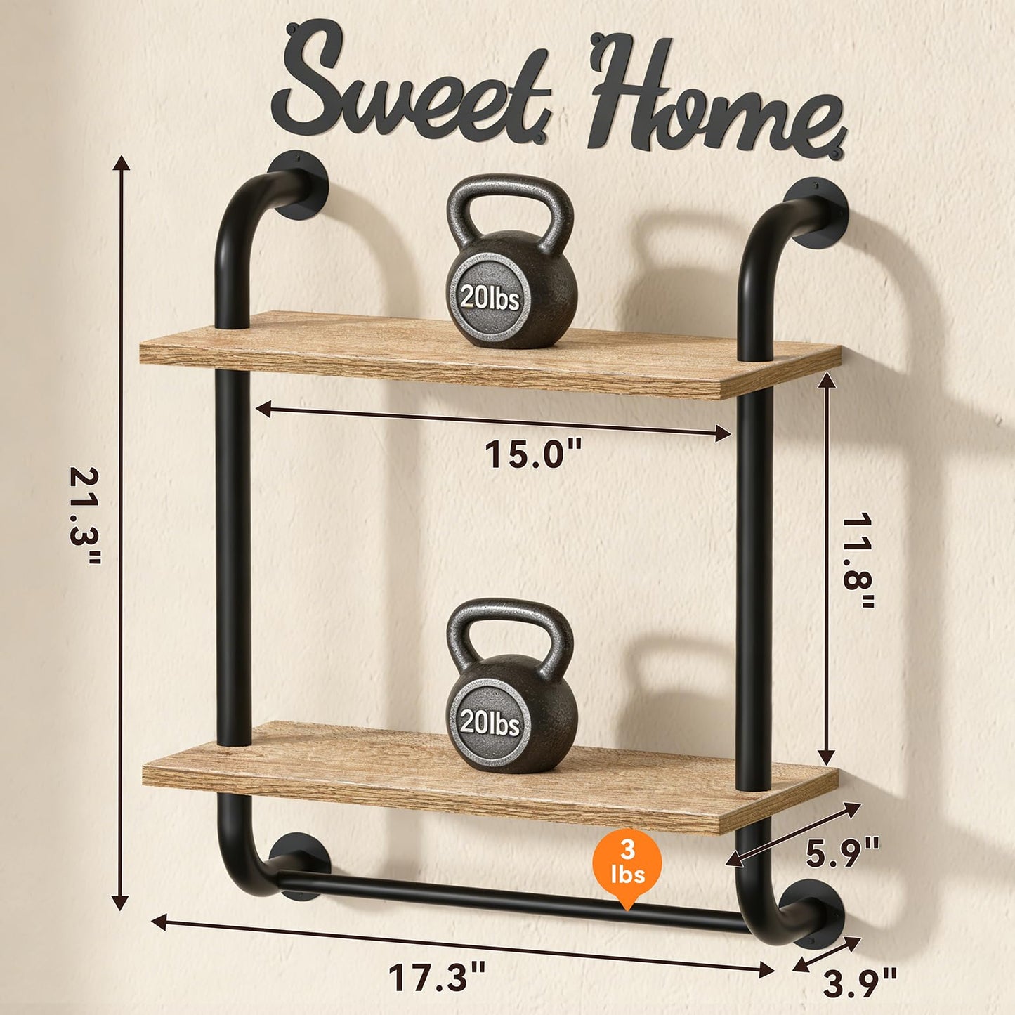 Tinpin Bathroom Shelves Wall Mounted, Rustic Farmhouse Pipe Shelves, Walls Shelf 3-Tier, Industrial Pipe Shelving, Floating Shelf Wall Decor for Bathroom, Kitchen, Bedroom, Living Room 17.3in Black DD1210